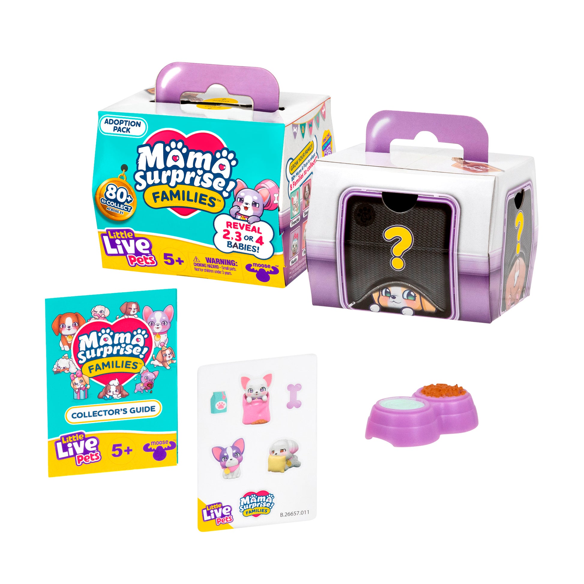 The LLP Mama Surprise Families Adoption Pack includes a box, purple and white pet carrier with a question mark, collector’s guide, Little Live Pets card, purple pet bowl, and orange food—perfect for your puppy adoption pack!.