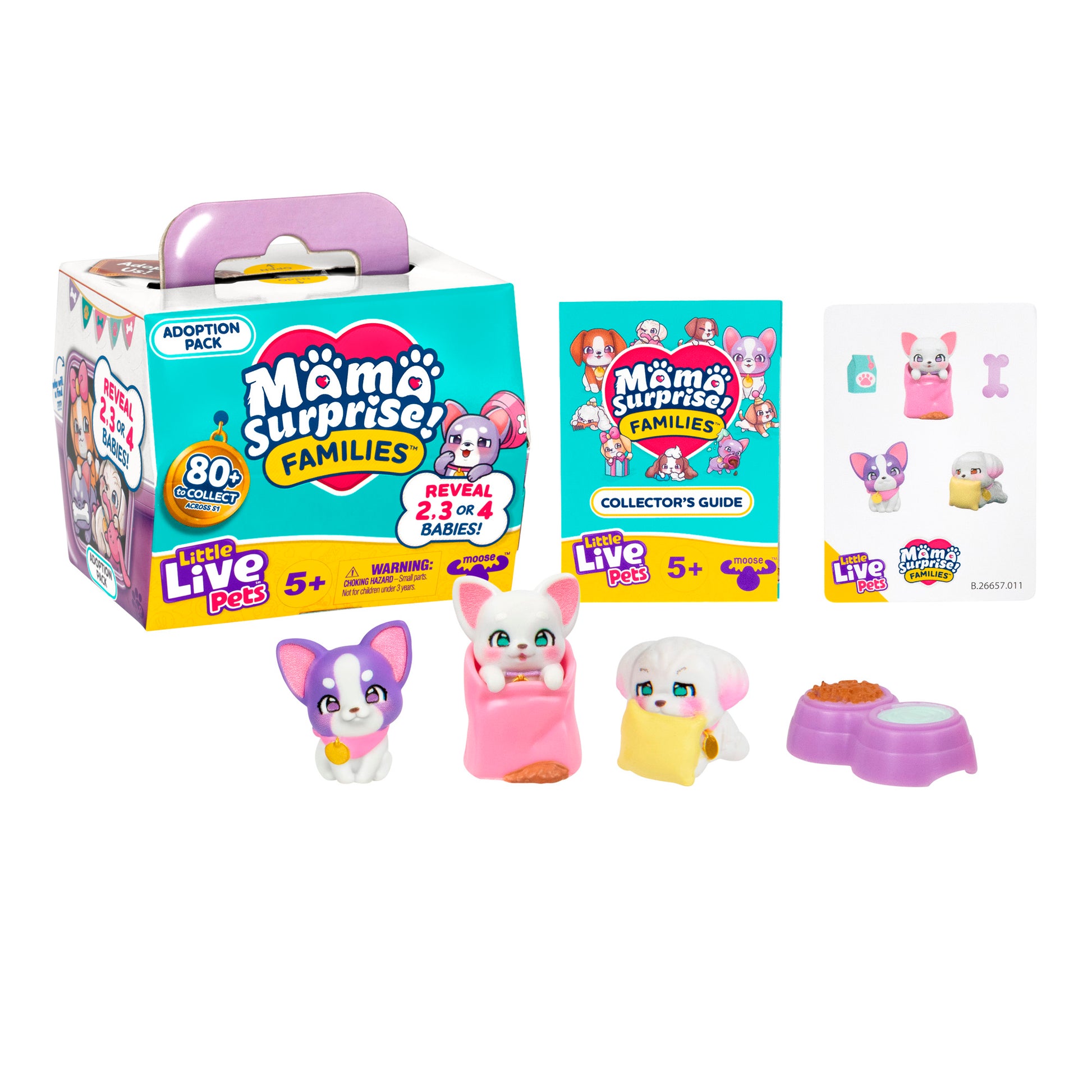 The LLP Mama Surprise Families Adoption Pack includes two Little Live Pets animal figures, a collectors guide, a sticker sheet, and miniature food bowls—all displayed with the adoption box on a white background.