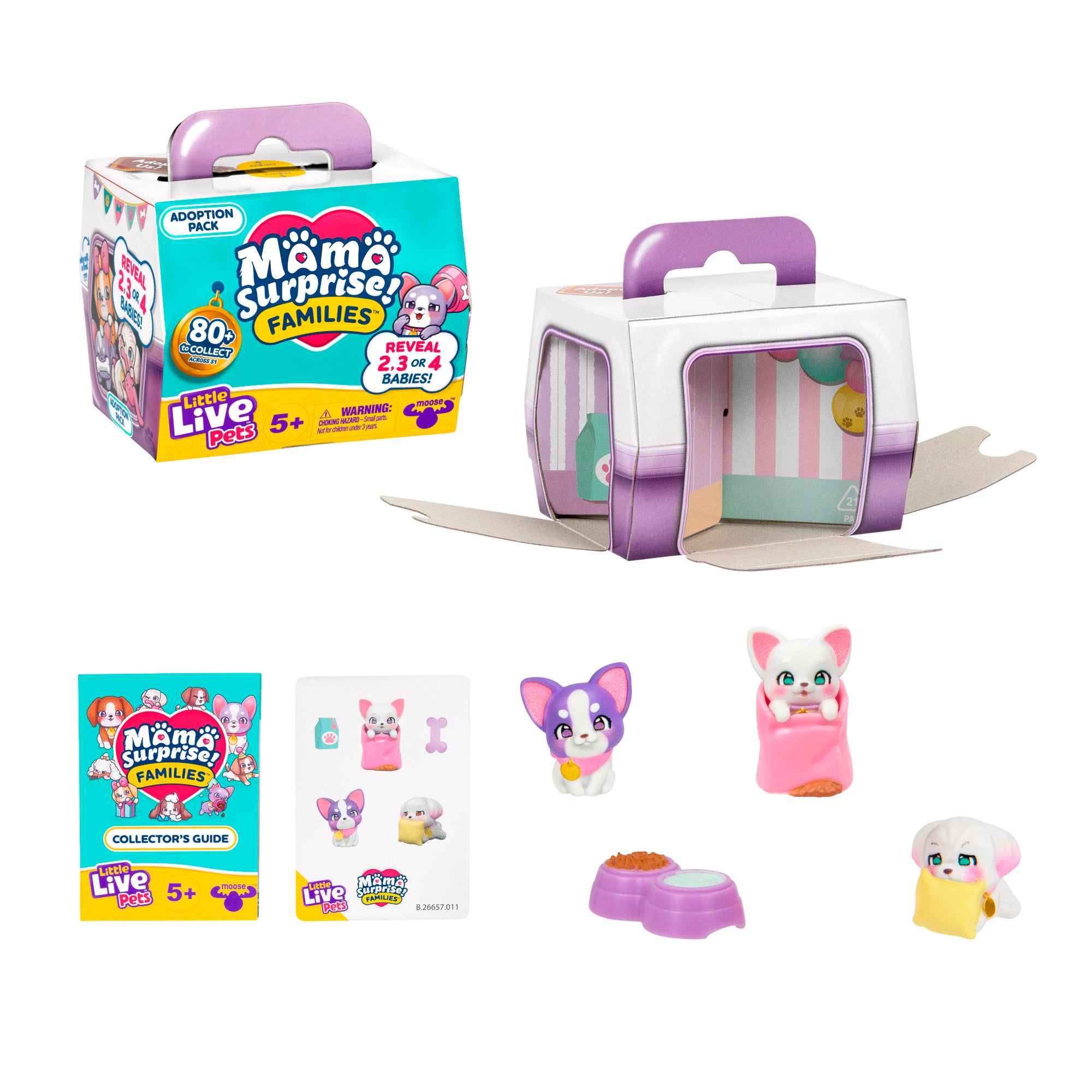 A boxed LLP Mama Surprise Families Adoption Pack is shown with mini pet figures, accessories, a collector’s guide, stickers, and a foldable pet house. The colorful packaging features puppy adoption imagery and animated pets.