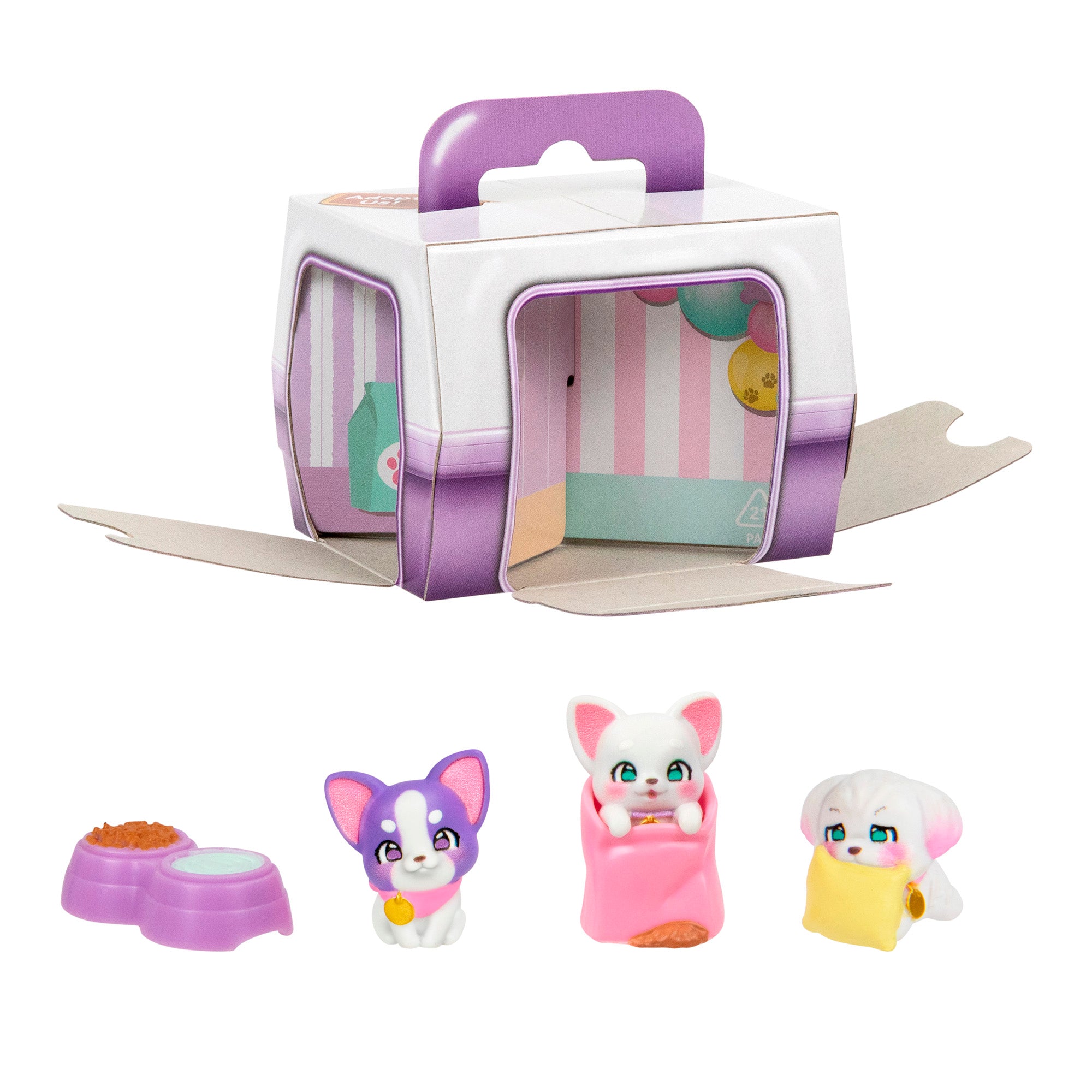 Three small LLP Mama Surprise Families Adoption Pack toy animals and accessories—a food bowl, blanket, and pink bag—are displayed in front of a purple and white pet carrier with an open door. Ideal for puppy adoption play!.