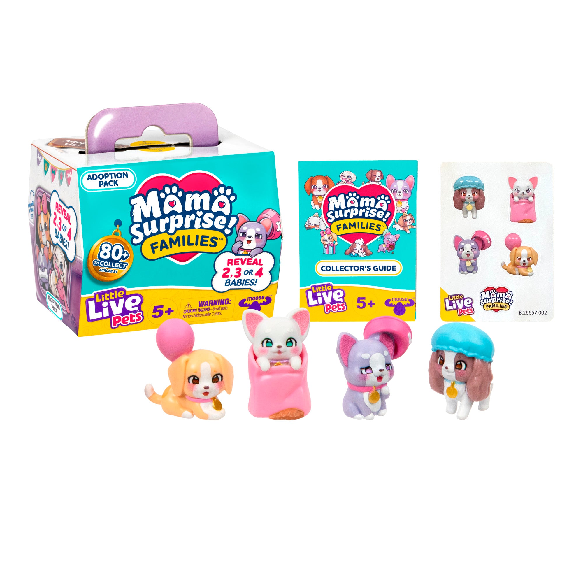 The LLP Mama Surprise Families Adoption Pack includes a colorful box, collector’s guide, sticker sheet, and three cute animal figures—a tan dog, purple mouse, and a brown dog with a blue hat—ideal for puppy adoption play.