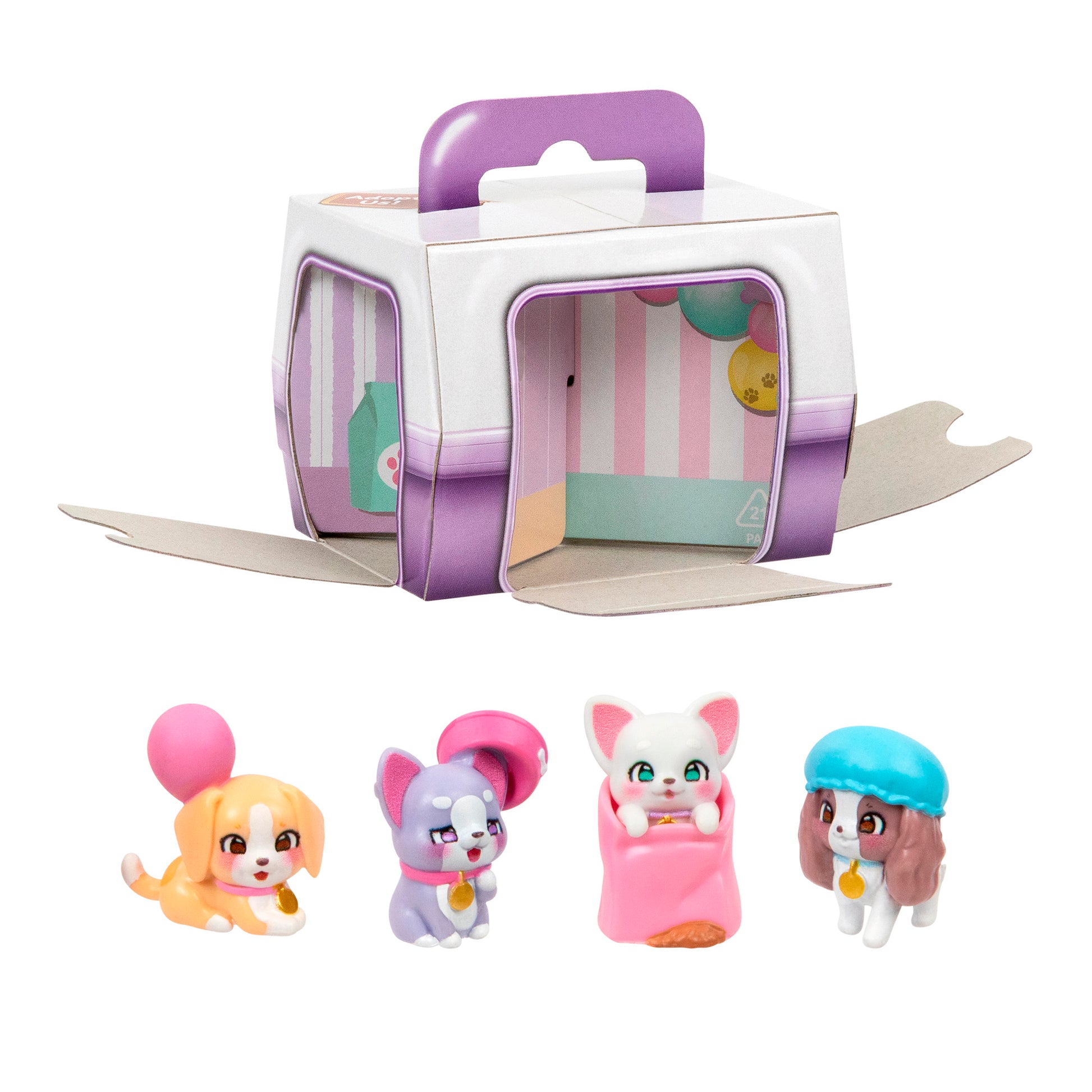 Four toy animals from the LLP Mama Surprise Families Adoption Pack are lined up in front of a cardboard pet carrier box with a handle and open door, showing its playful pastel interior.