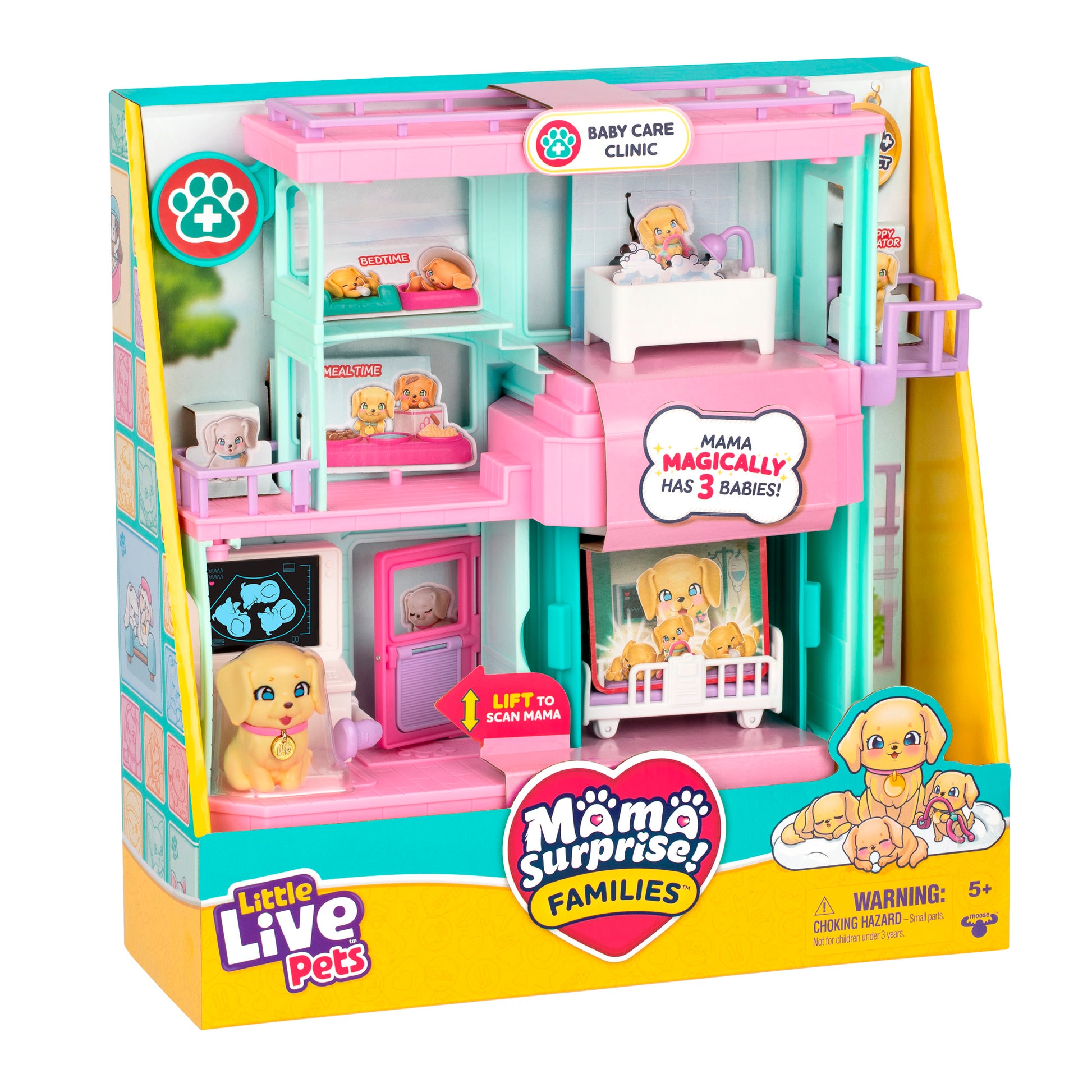 The LLP Mama Surprise Families Veterinarian Playset is a boxed toy set for ages 5+, featuring a two-story vet playset, small animal figures, colorful decor, and a sign that says "Mama Magically Has 3 Babies!.