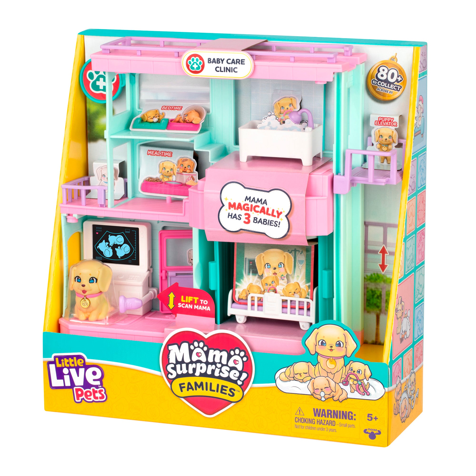 The LLP Mama Surprise Families Veterinarian Playset comes in colorful packaging and features a pet care clinic with a toy dog, three puppies, and accessories. Ideal for kids ages 5 and up.