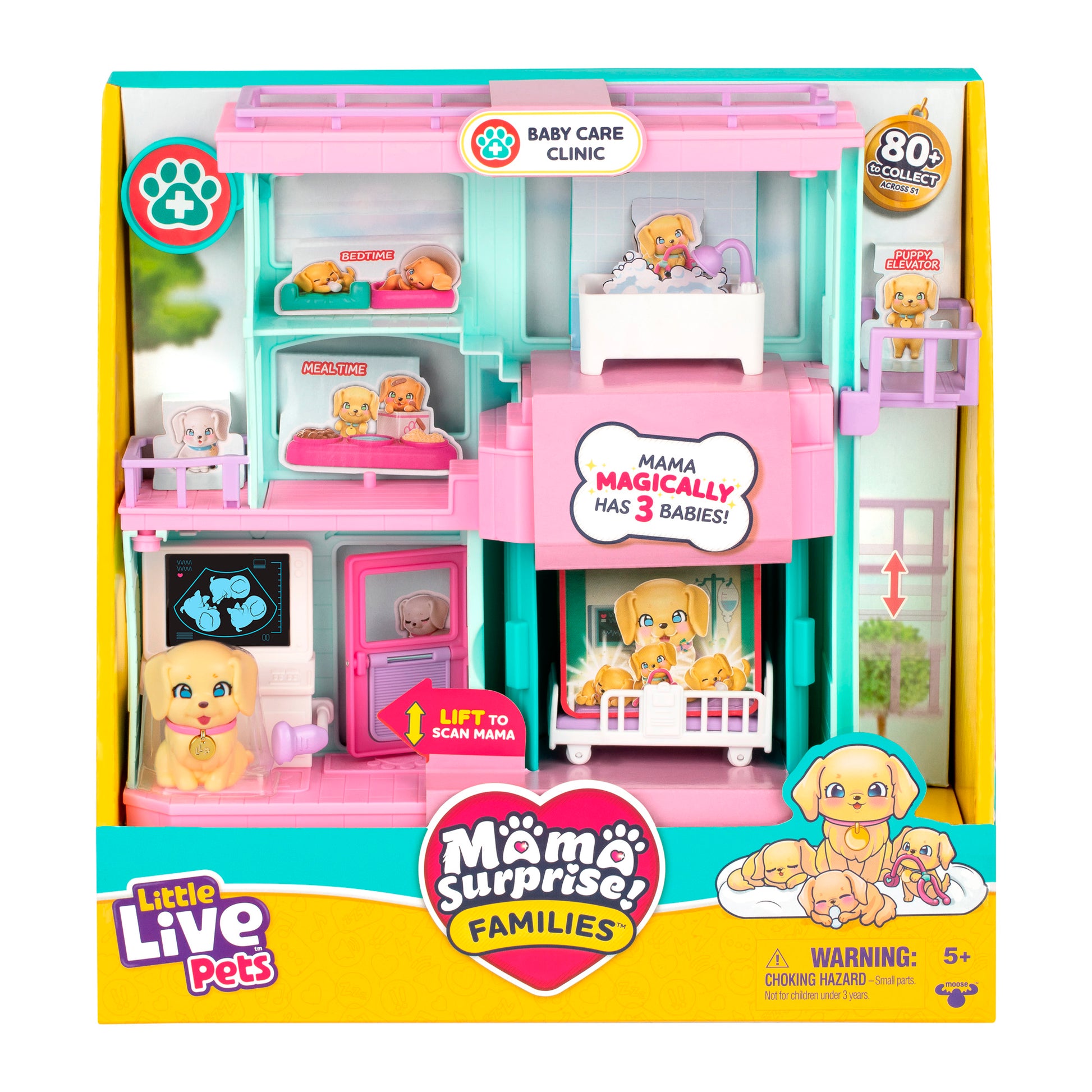 The LLP Mama Surprise Families Veterinarian Playset includes a pet clinic, dog figure, puppies, and fun accessories in a vibrant box with playful graphics and text.