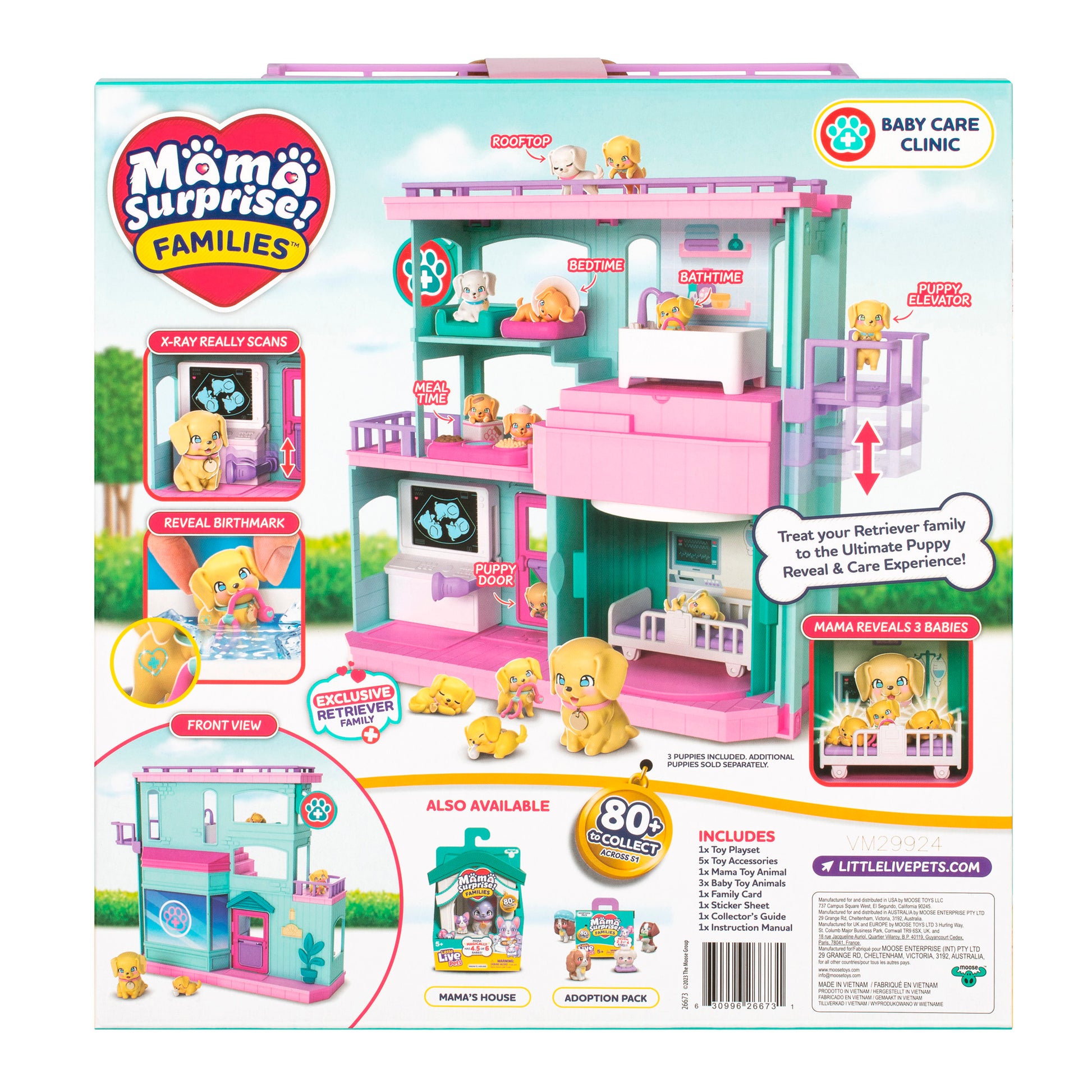 The image shows the back of an LLP Mama Surprise Families Veterinarian Playset box, a pink and turquoise clinic for dogs with multiple floors, labeled rooms, product details, illustrations, and package contents.