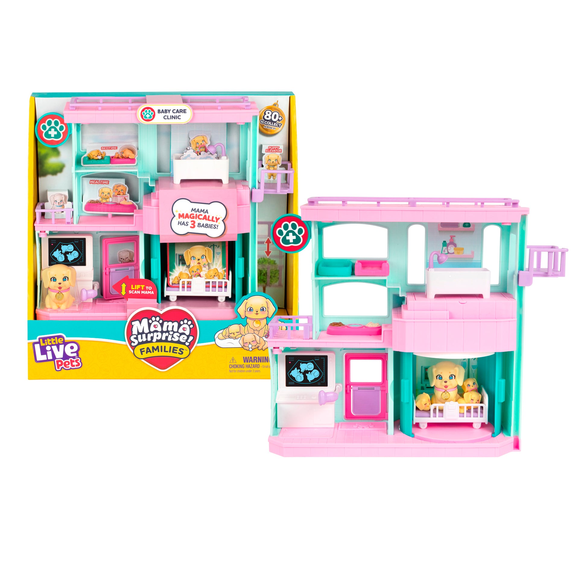 The LLP Mama Surprise Families Veterinarian Playset is displayed with a pink and blue pet care clinic playhouse, animal figures inside, and the product packaging beside it.