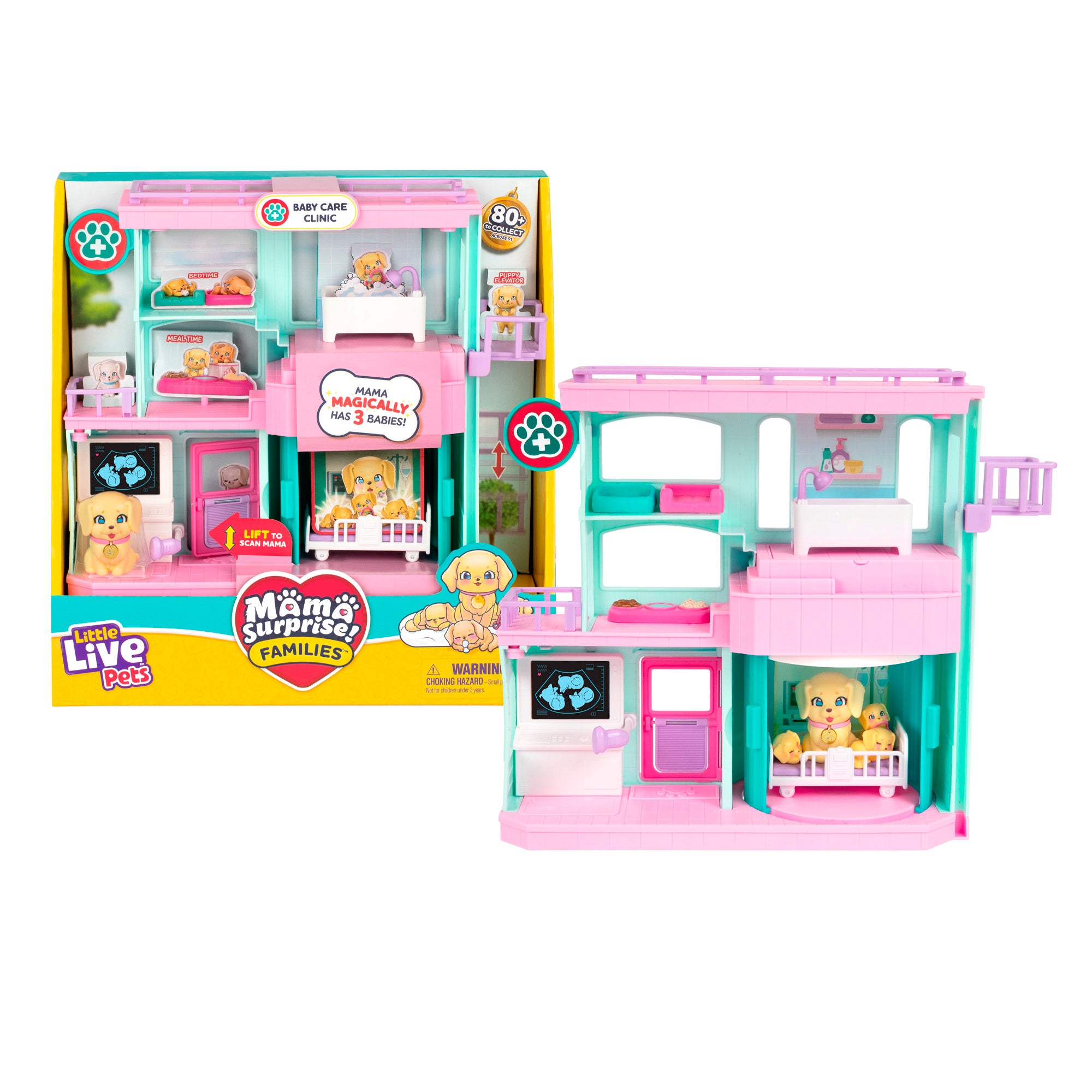 The LLP Mama Surprise Families Veterinarian Playset is displayed with a pink and blue pet care clinic playhouse, animal figures inside, and the product packaging beside it.