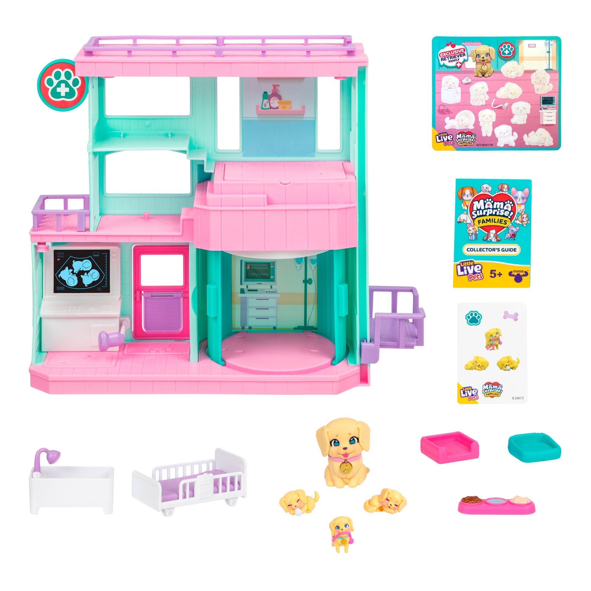 The LLP Mama Surprise Families Veterinarian Playset includes pink and teal walls, a bed, crib, three puppy figures, medical accessories, food dishes, and stickers—ideal for fans of Little Live Pets Mama Surprise!.
