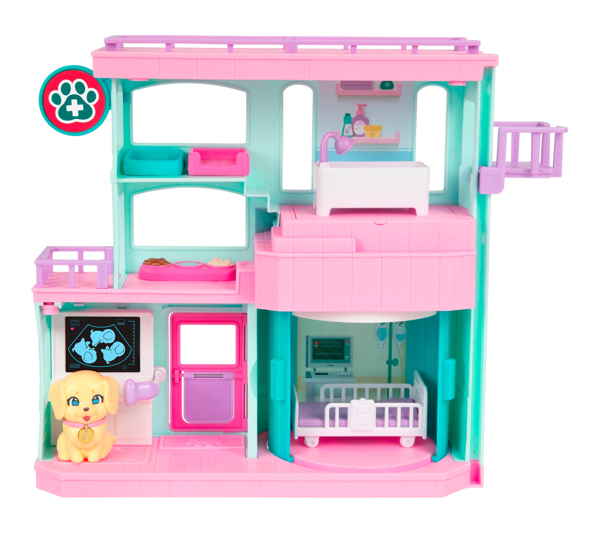 The LLP Mama Surprise Families Veterinarian Playset is a two-floor, colorful care clinic with a bunk bed, exam table, bathtub, dog figure, x-ray display, and accessories in pink, teal, and white—great for Little Live Pets fans.
