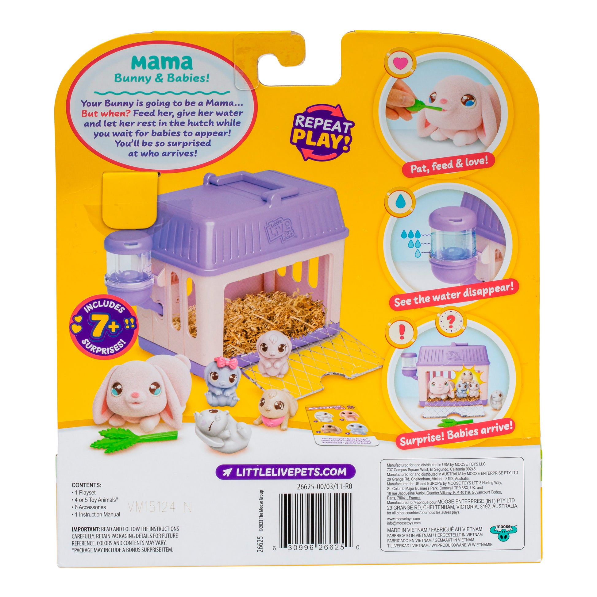 Toy packaging for a bunny and babies set with yellow and purple design