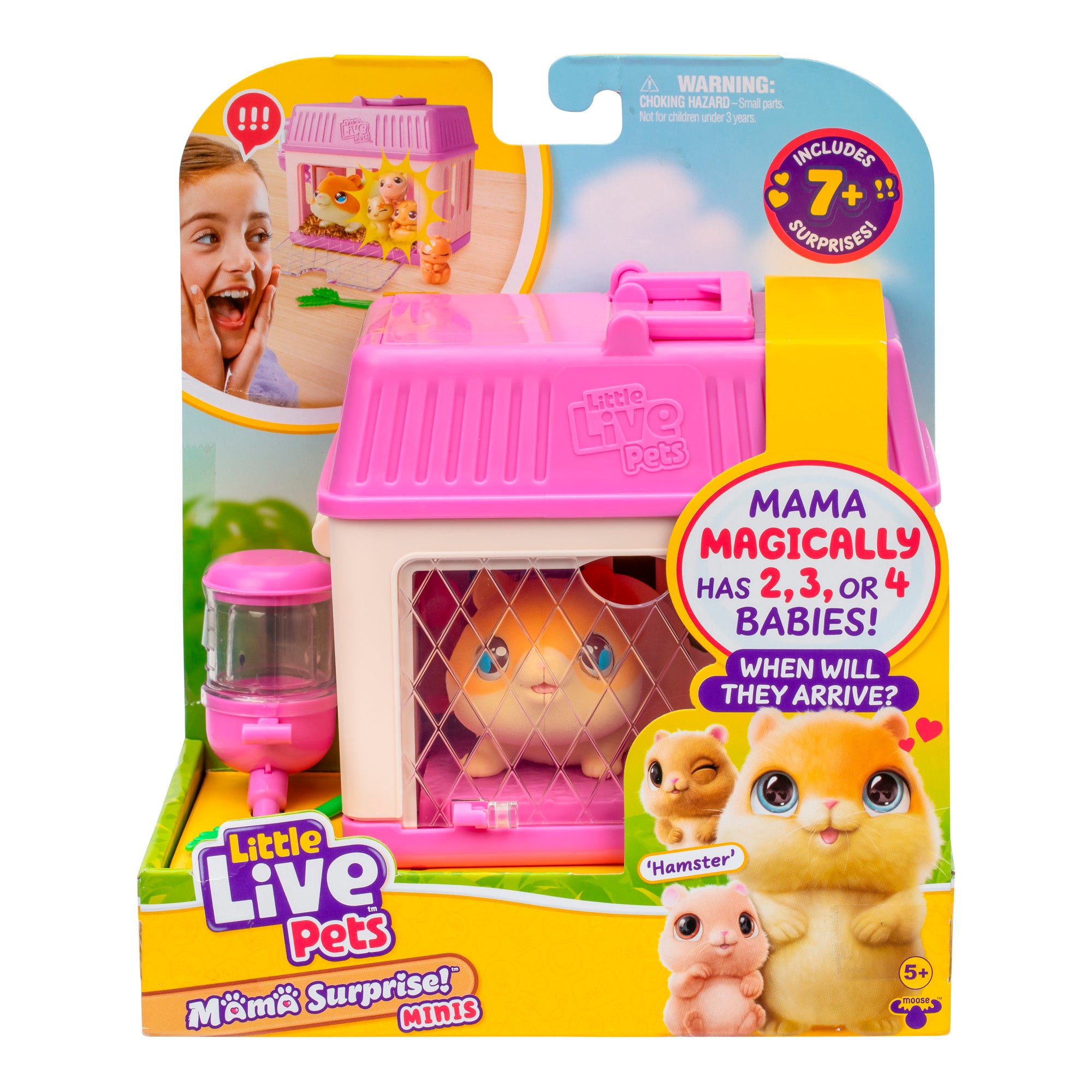 Little Live Pets Mama Surprise! Mini toy packaging with pink and yellow colors.