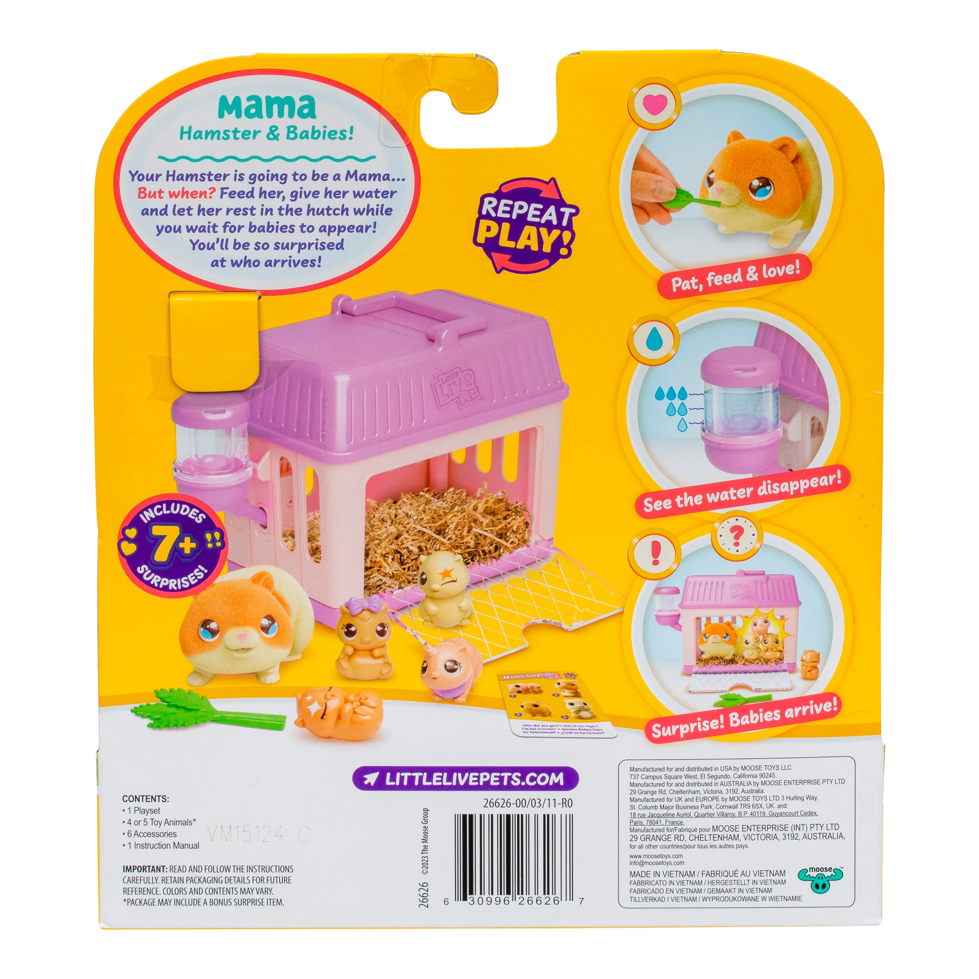 Toy packaging for 'Mama Hamster & Babies' with yellow and purple design