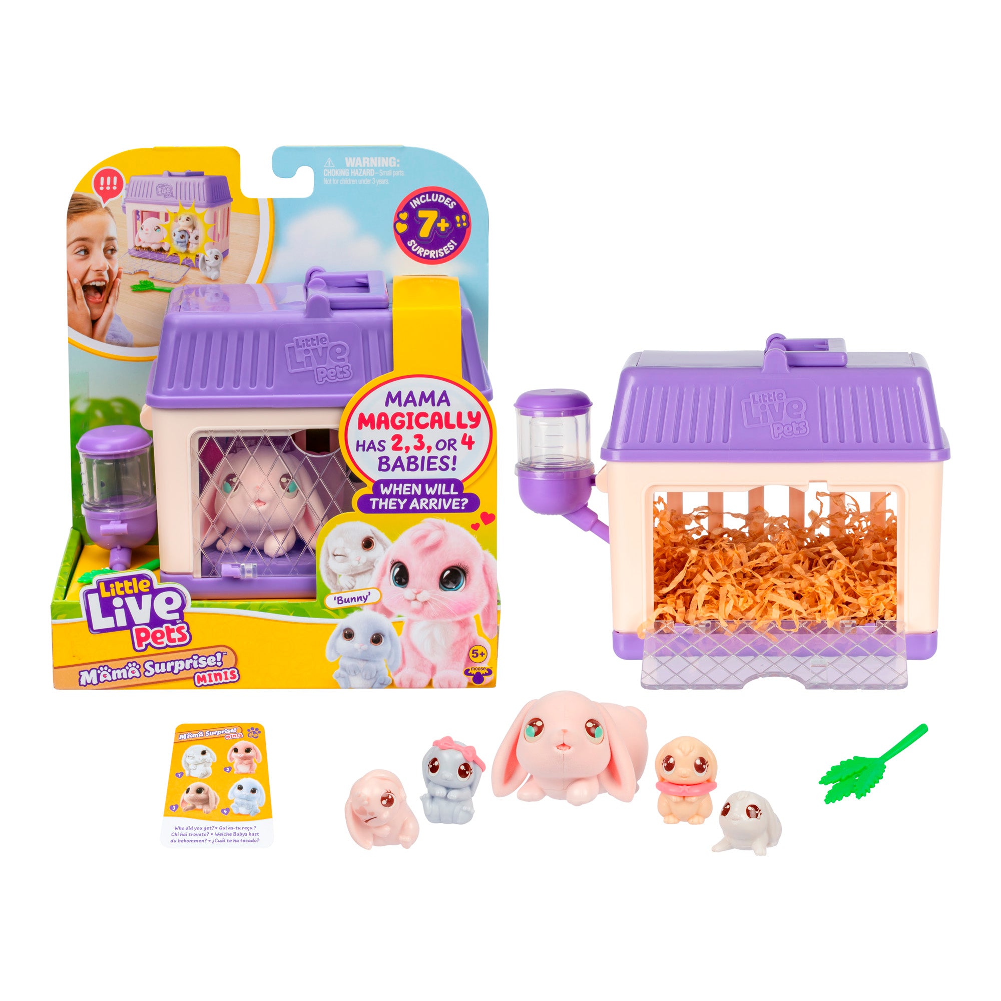 Toy set with purple and yellow packaging featuring baby animal figures and accessories.
