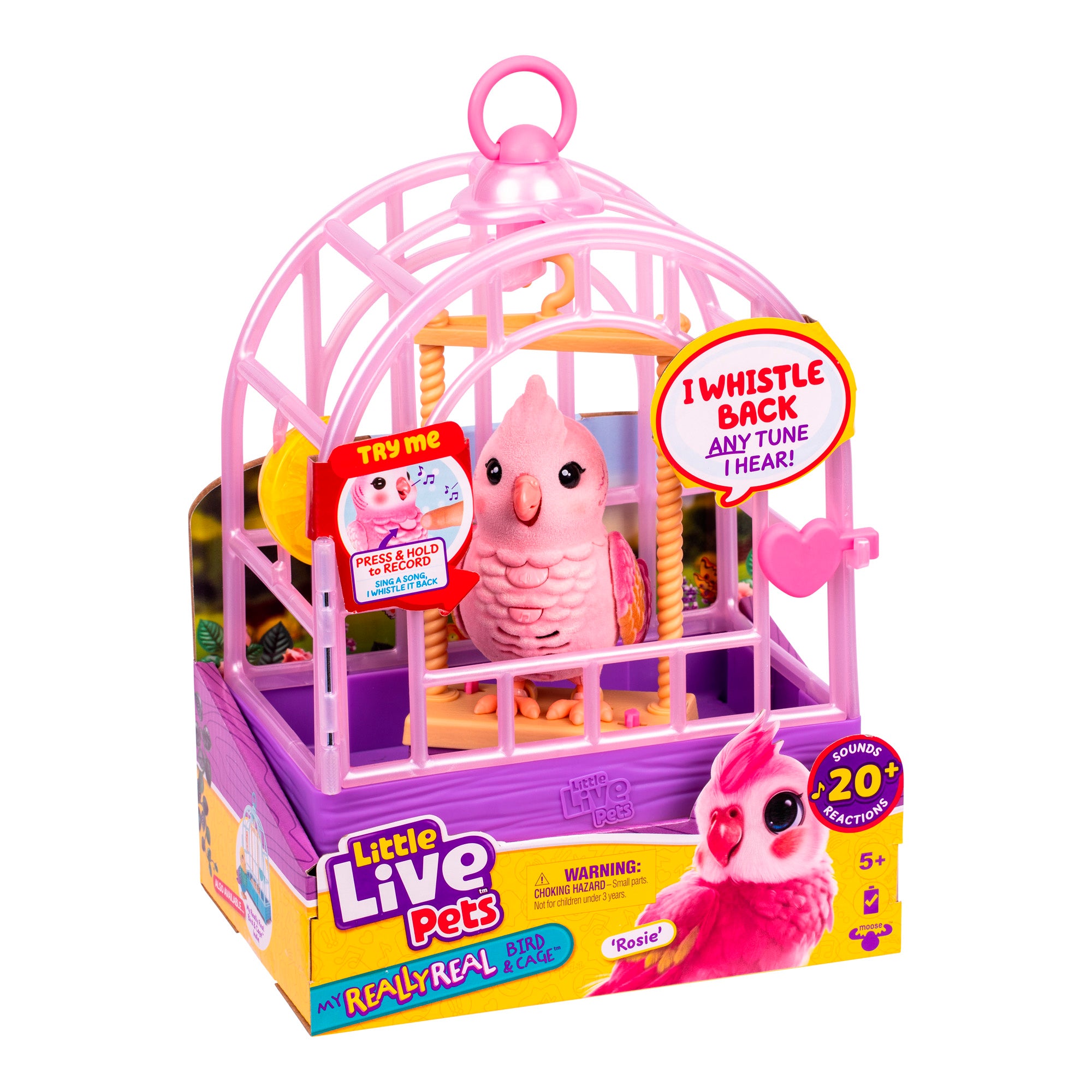 The Little Live Pets My Real Bird & Cage Playset features a pink toy bird in a pink cage that whistles back any tune it hears. Colorful packaging includes a try-me button. Recommended for ages 5 and up.