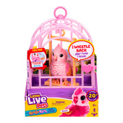 The Little Live Pets My Real Bird & Cage Playset features Rosie, a pink toy bird in a pink cage with a swing and heart-shaped perch. For ages 5+, it whistles back and makes 20+ sounds, as noted on the packaging.