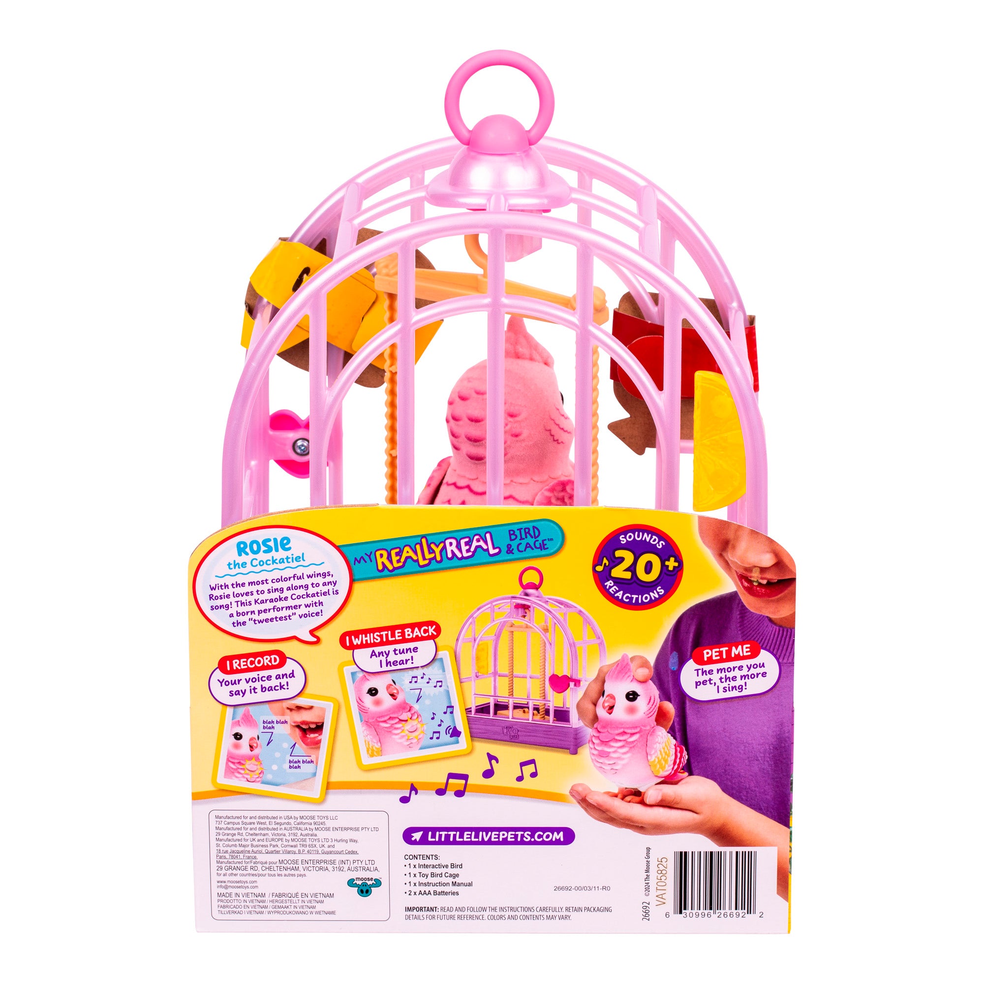 The Little Live Pets My Real Bird & Cage Playset features a pink toy bird in a matching cage, offers sound, touch interaction, recording, and whistling back, and comes packaged with colorful labels, illustrations, and instructions.
