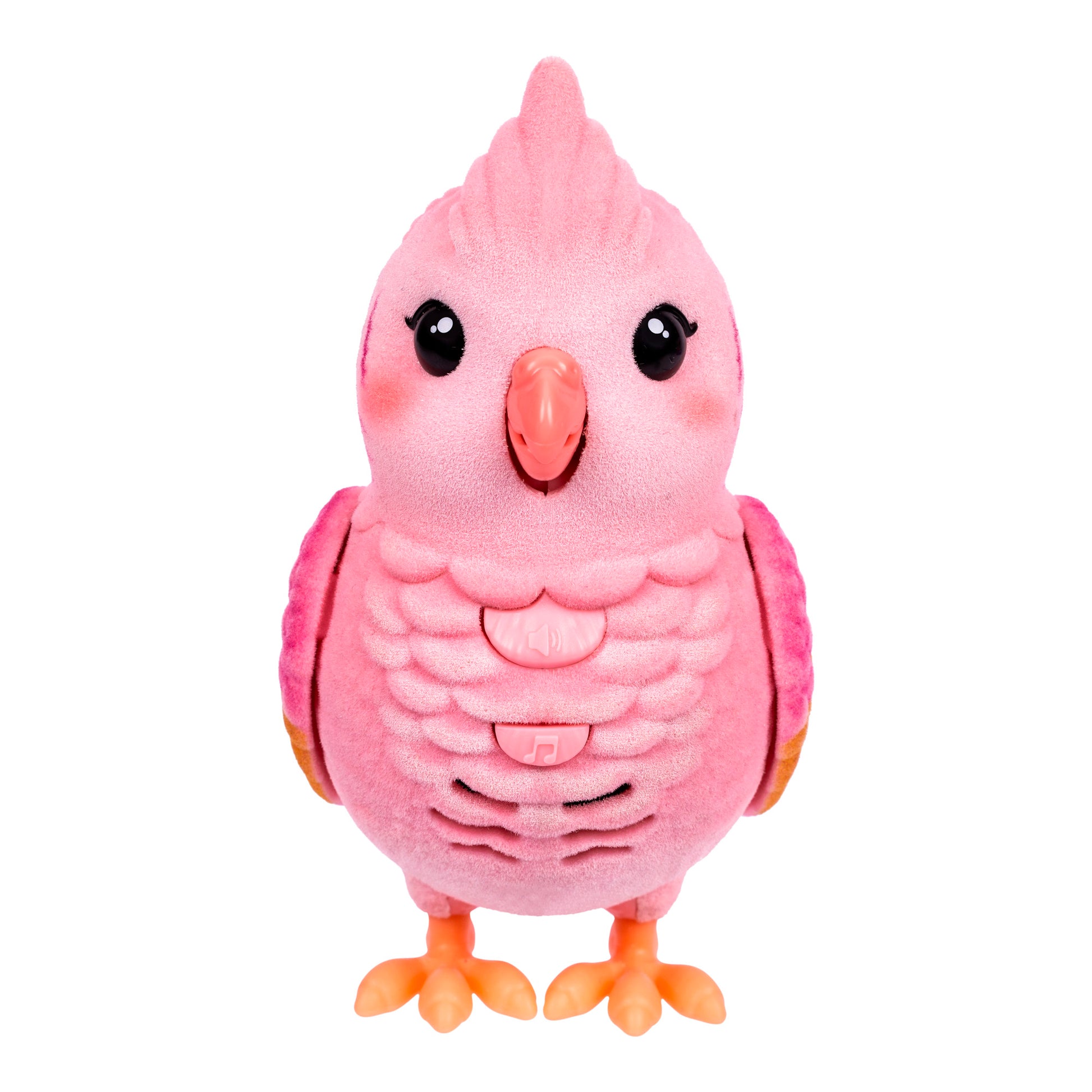 The Little Live Pets My Real Bird & Cage Playset features a pink toy bird with orange feet, black eyes, and textured feathers, standing upright and facing forward against a white background.