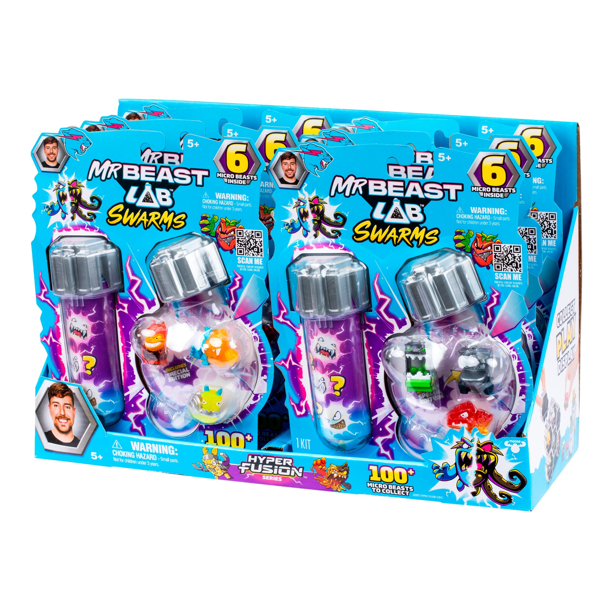 The MrBeast Lab Hyper Fusion Swarms 6-Pack features a display box with vibrant graphics, six colorful test tube containers with mini figures, and packaging showcasing MrBeast’s photo and all six collectible micro beasts.