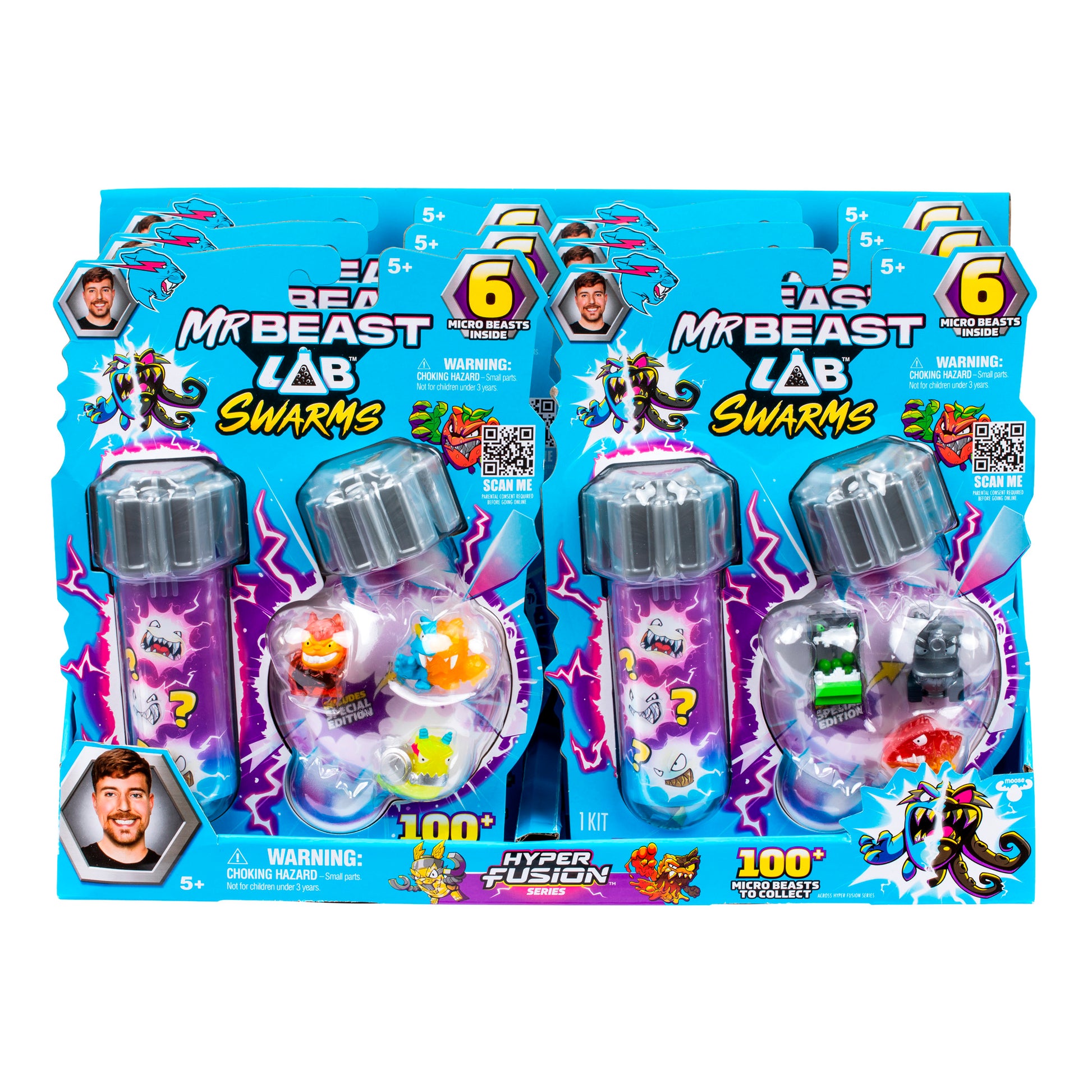 The MrBeast Lab Hyper Fusion Swarms 6-Pack comes in vibrant retail packaging with six collectible figures in test tubes, cartoon monsters, a lightning design, and a photo of MrBeast on the front.