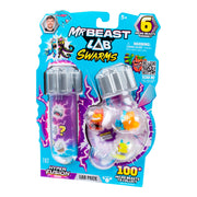 Packaging for MrBeast Lab Hyper Fusion Swarms 6-Pack, featuring two capsules with small colorful monster figures, vibrant blue and purple graphics, and text showcasing 6 micro beasts in nests and over 100 to collect.