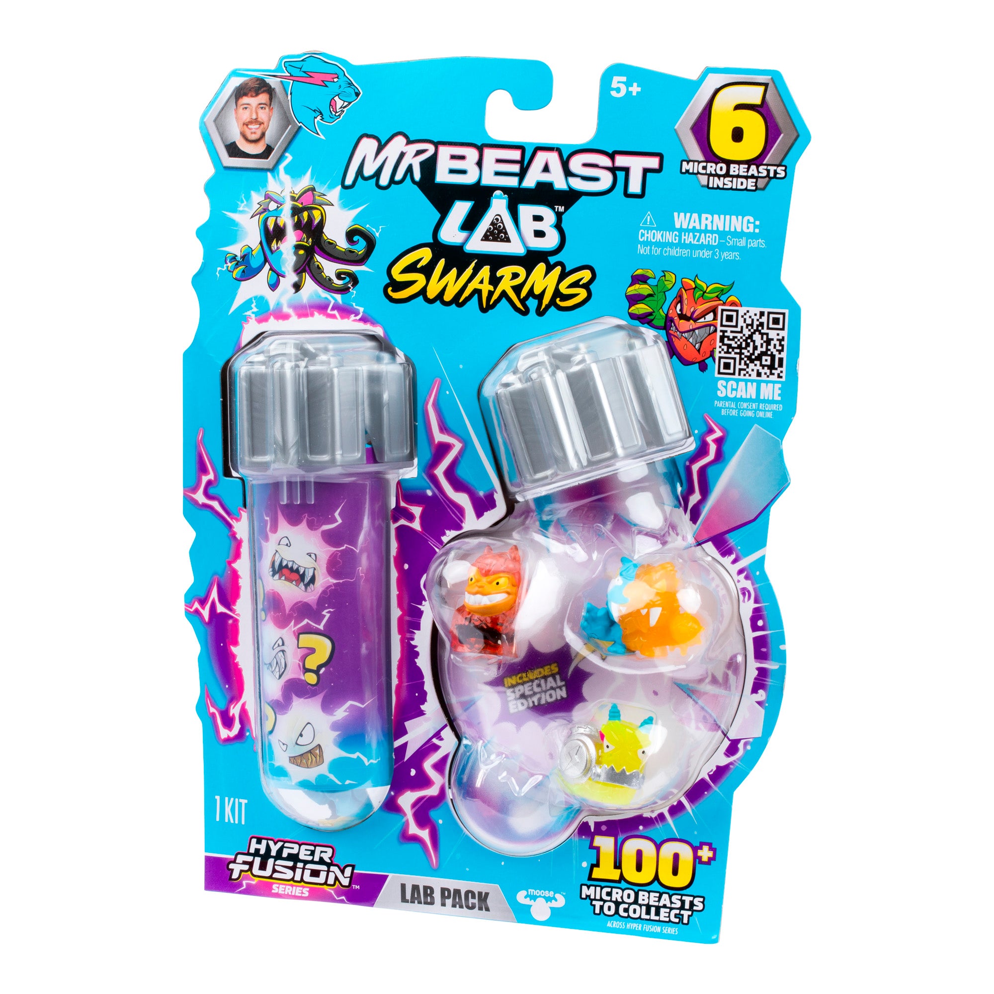 Packaging for MrBeast Lab Hyper Fusion Swarms 6-Pack, featuring two capsules with small colorful monster figures, vibrant blue and purple graphics, and text showcasing 6 micro beasts in nests and over 100 to collect.