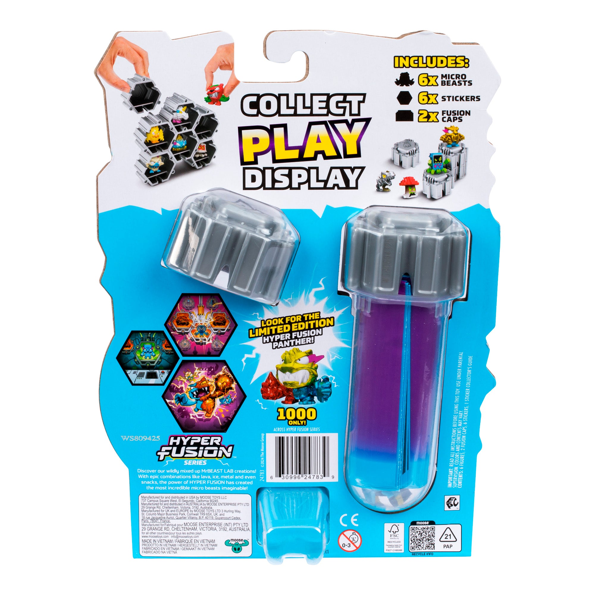 The back of the MrBeast Lab Hyper Fusion Swarms 6-Pack shows "Collect Play Display," images of small collectibles, a clear capsule, colorful graphics, and lists 6 micro beasts, 6 stickers, and 2 exo skin displays as included items.