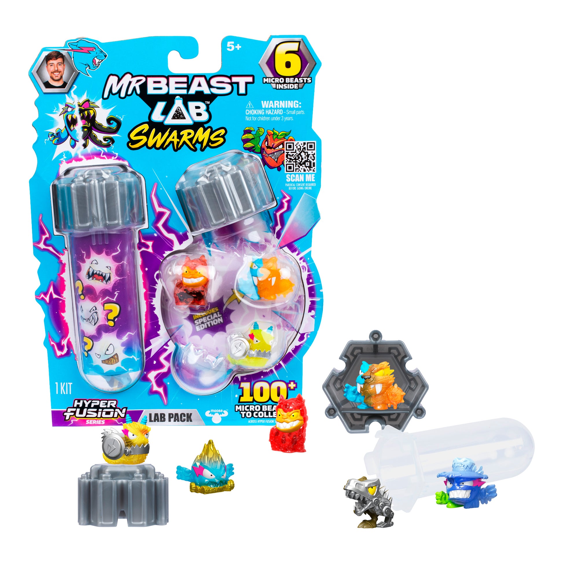 MrBeast Lab Hyper Fusion Swarms 6-Pack comes in blue packaging with toy capsules containing six colorful micro beast figurines, a lab tube, and capsule accessories. Designed for kids ages 5 and up.