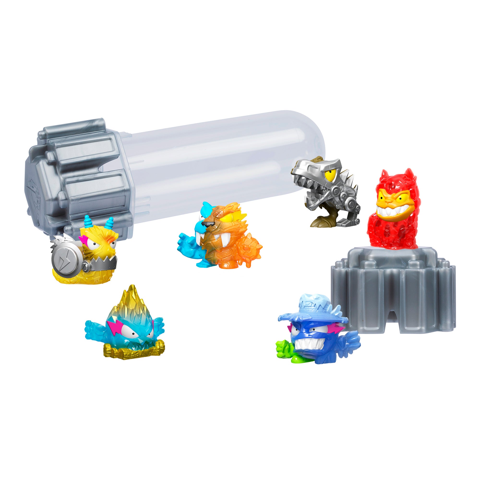 The MrBeast Lab Hyper Fusion Swarms 6-Pack features small, colorful dinosaur toys with exaggerated features in red, blue, yellow, and silver, displayed with a large transparent capsule and a gray base.