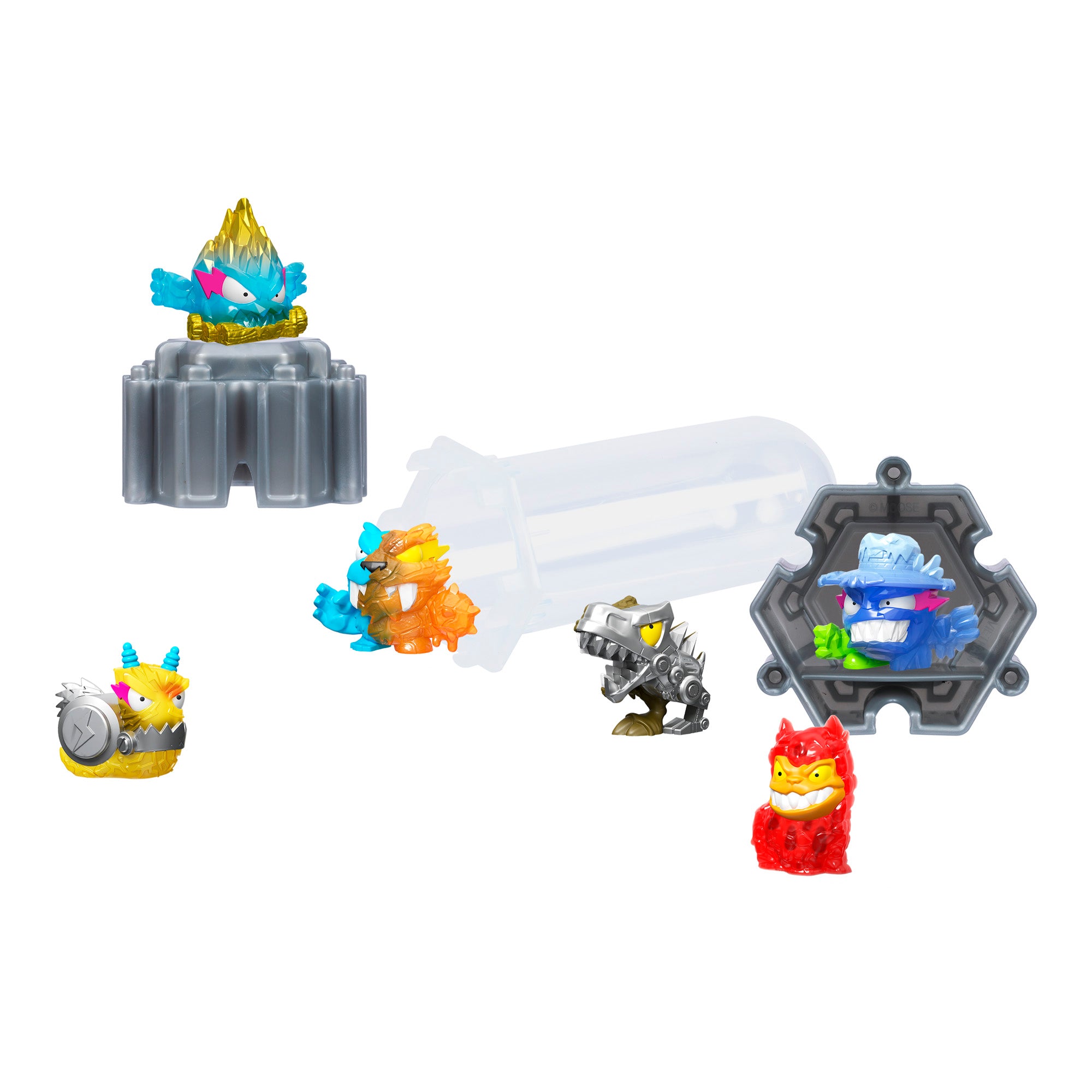 The MrBeast Lab Hyper Fusion Swarms 6-Pack features small, colorful toy creatures with animal and monster traits, arranged with gray accessories and a clear capsule on a white background.
