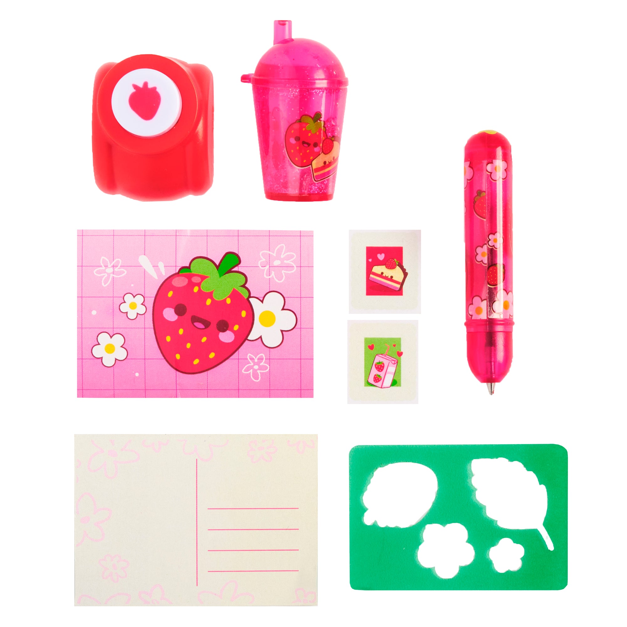 Collection of stationery items with strawberry design on a white background