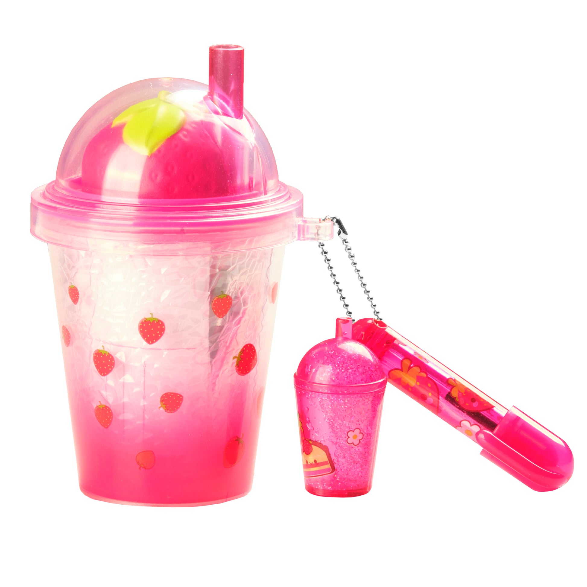 Pink cup with strawberry design and matching keychain on a white background