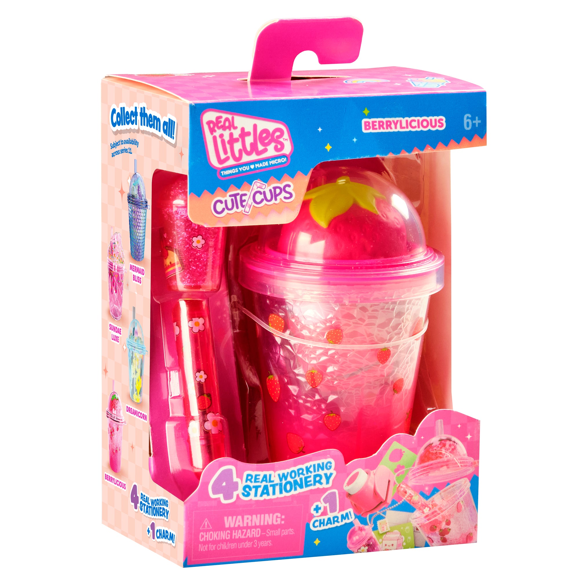 Pink toy cup with strawberry design in packaging on a white background