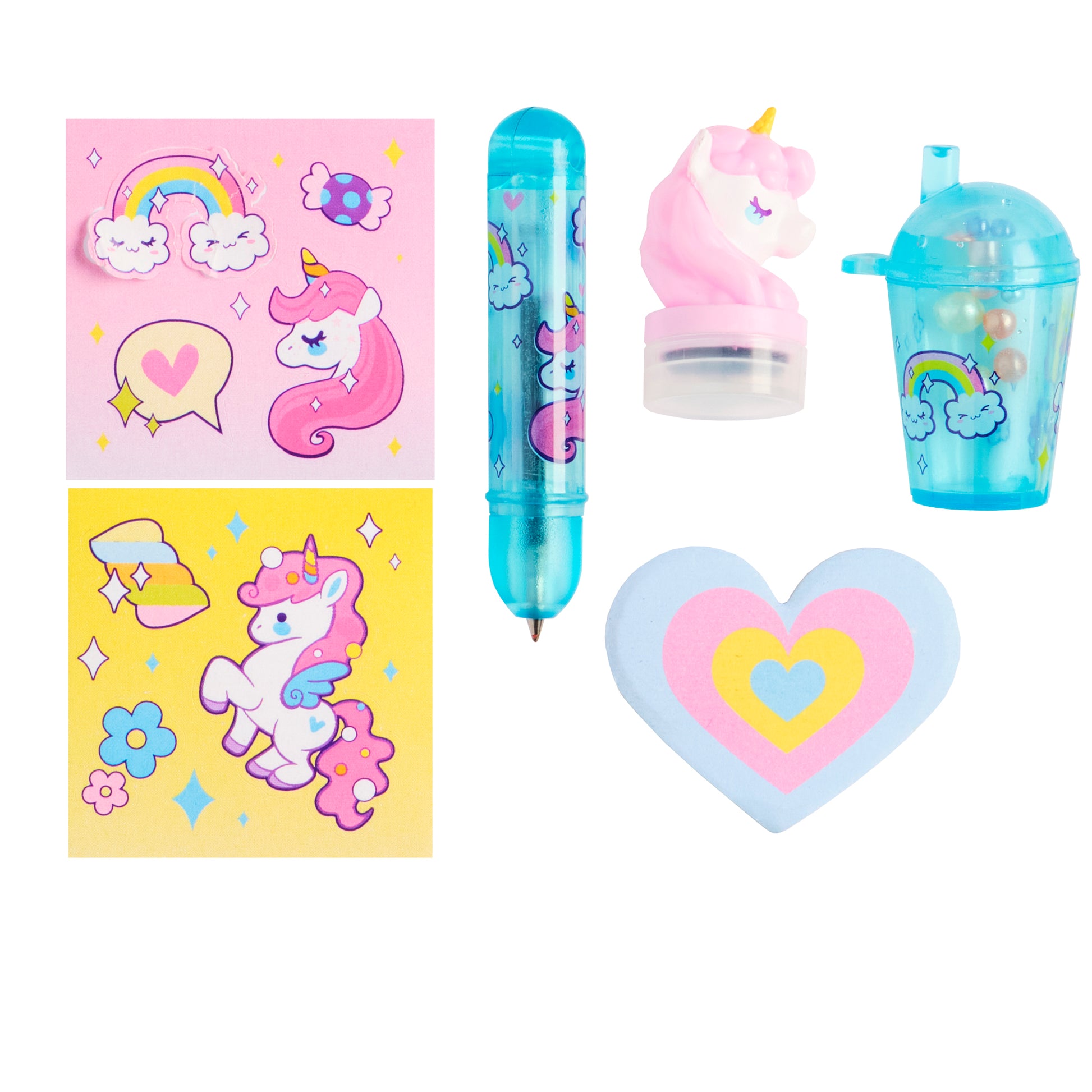 Set of stationery items with unicorn and heart designs on a white background