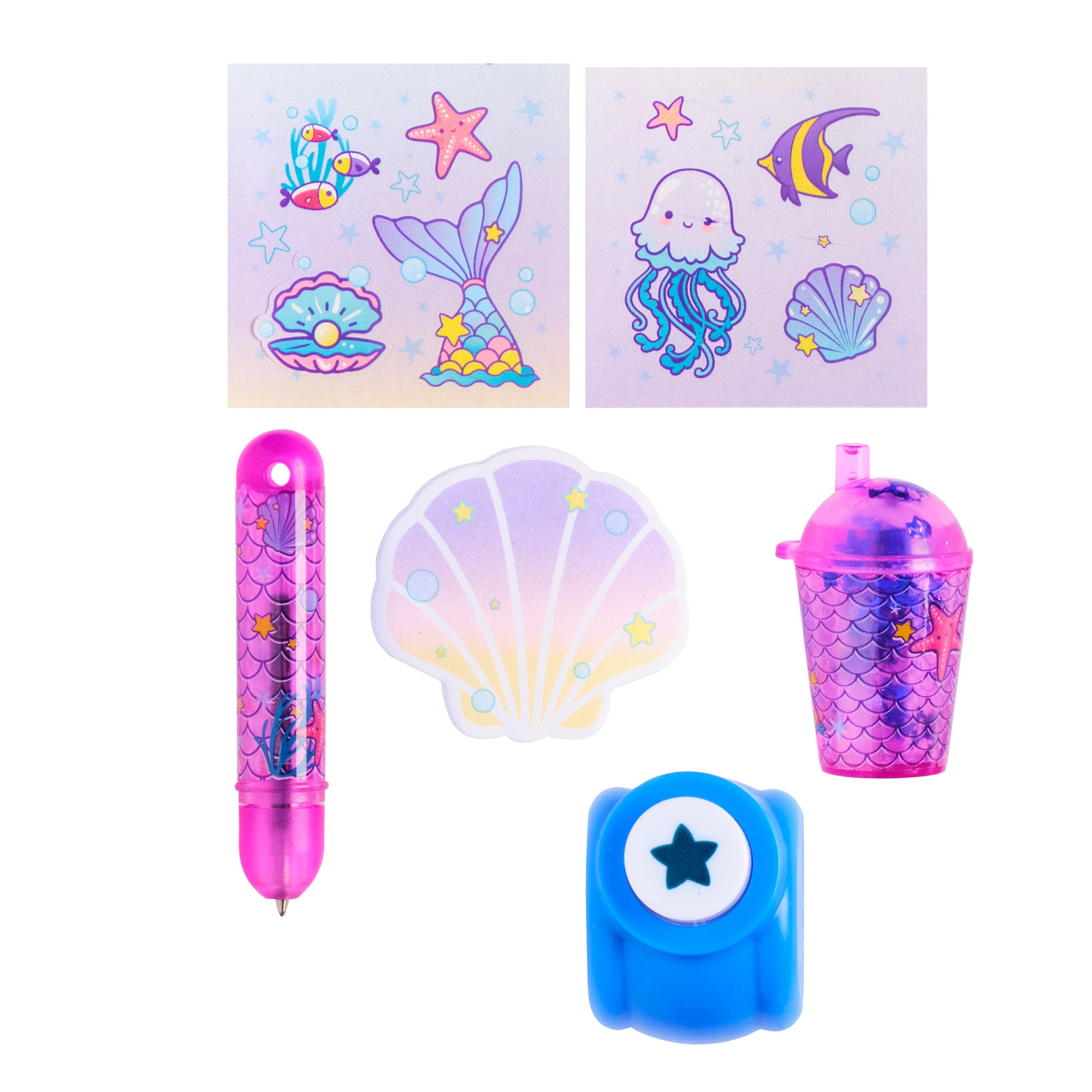 Set of mermaid-themed stationery items including a pen,印章, and cup on a white background.