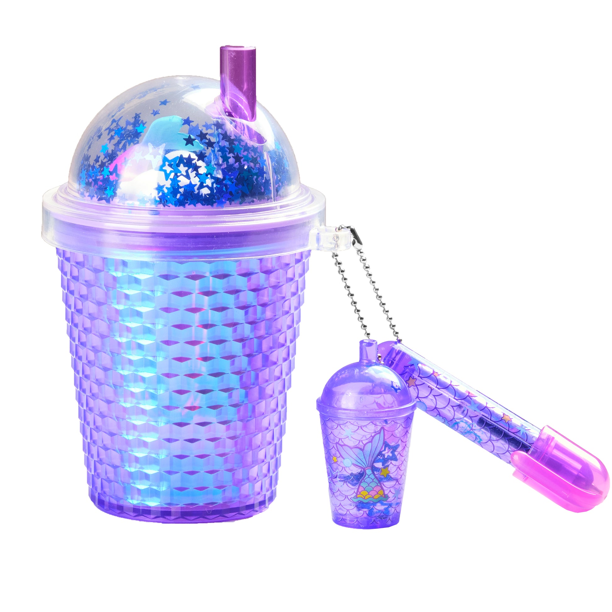 Purple glittery cup with straw and keychain on a white background