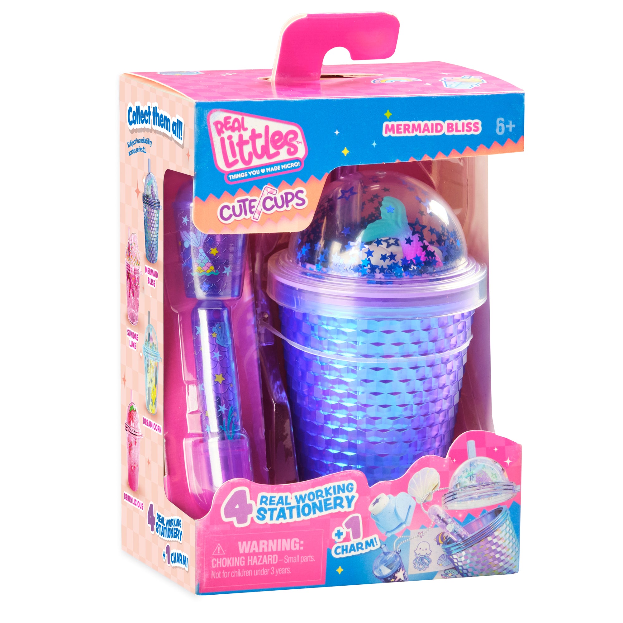 Packaged product with a purple cup and pen, featuring 'Real Littles' branding.
