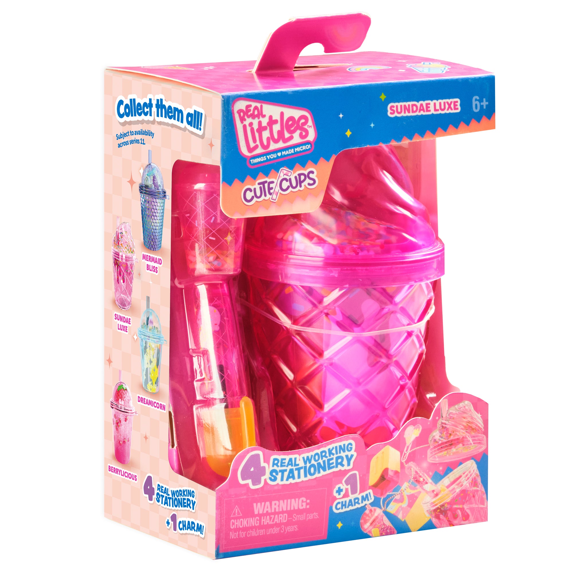 Pink toy cup in packaging with 'Real Littles' branding on a white background