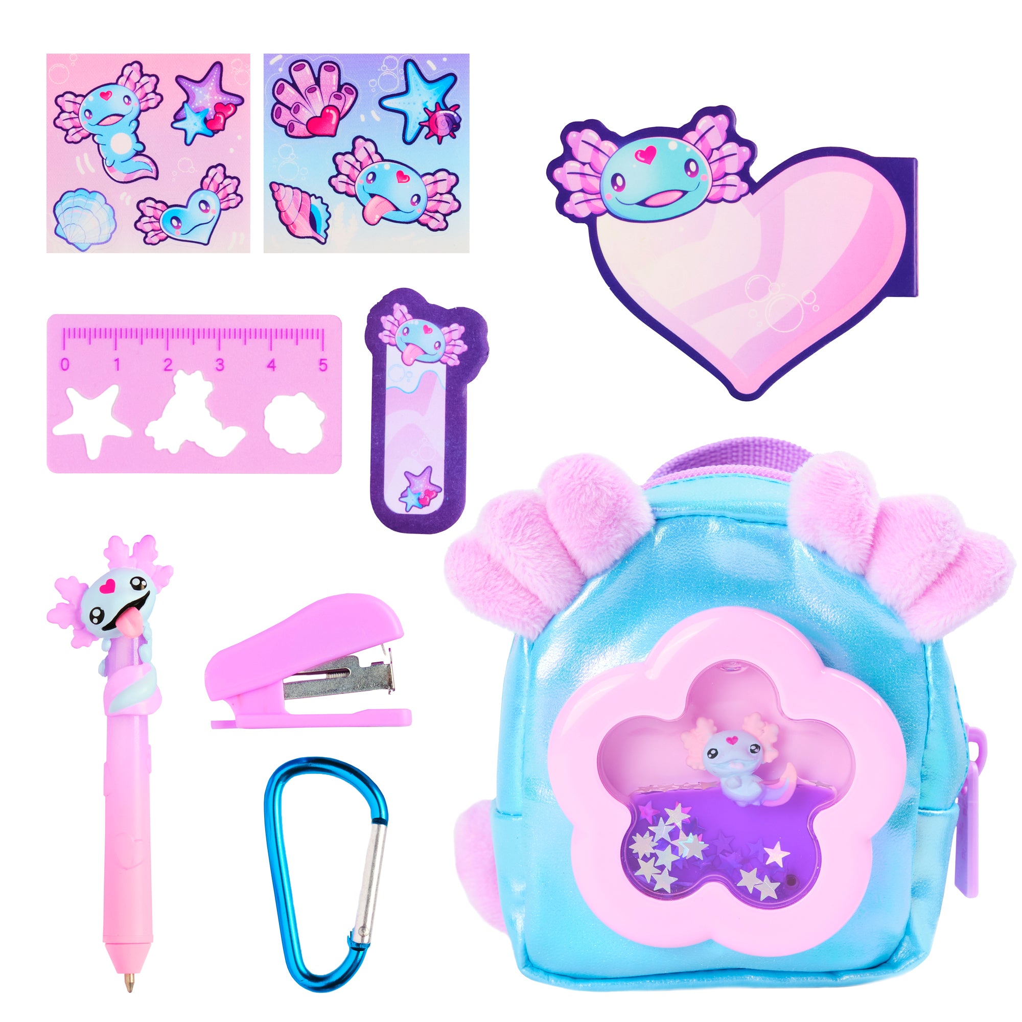 Set of stationery items with a cartoon character design on a white background