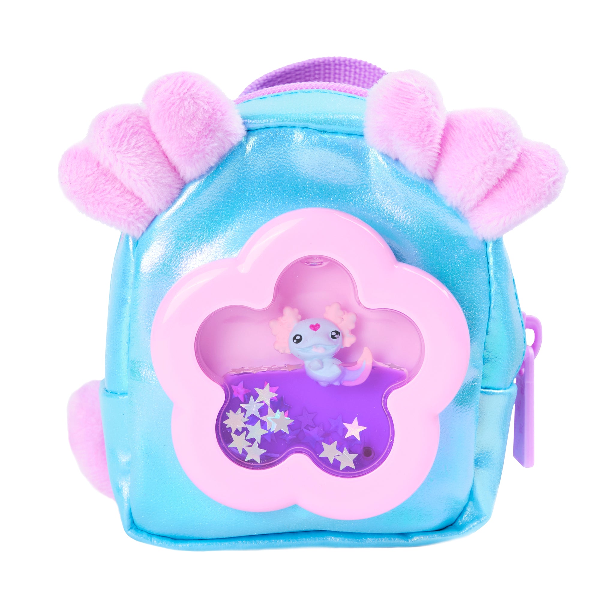 Children's backpack with pink ears and a cartoon character on a white background