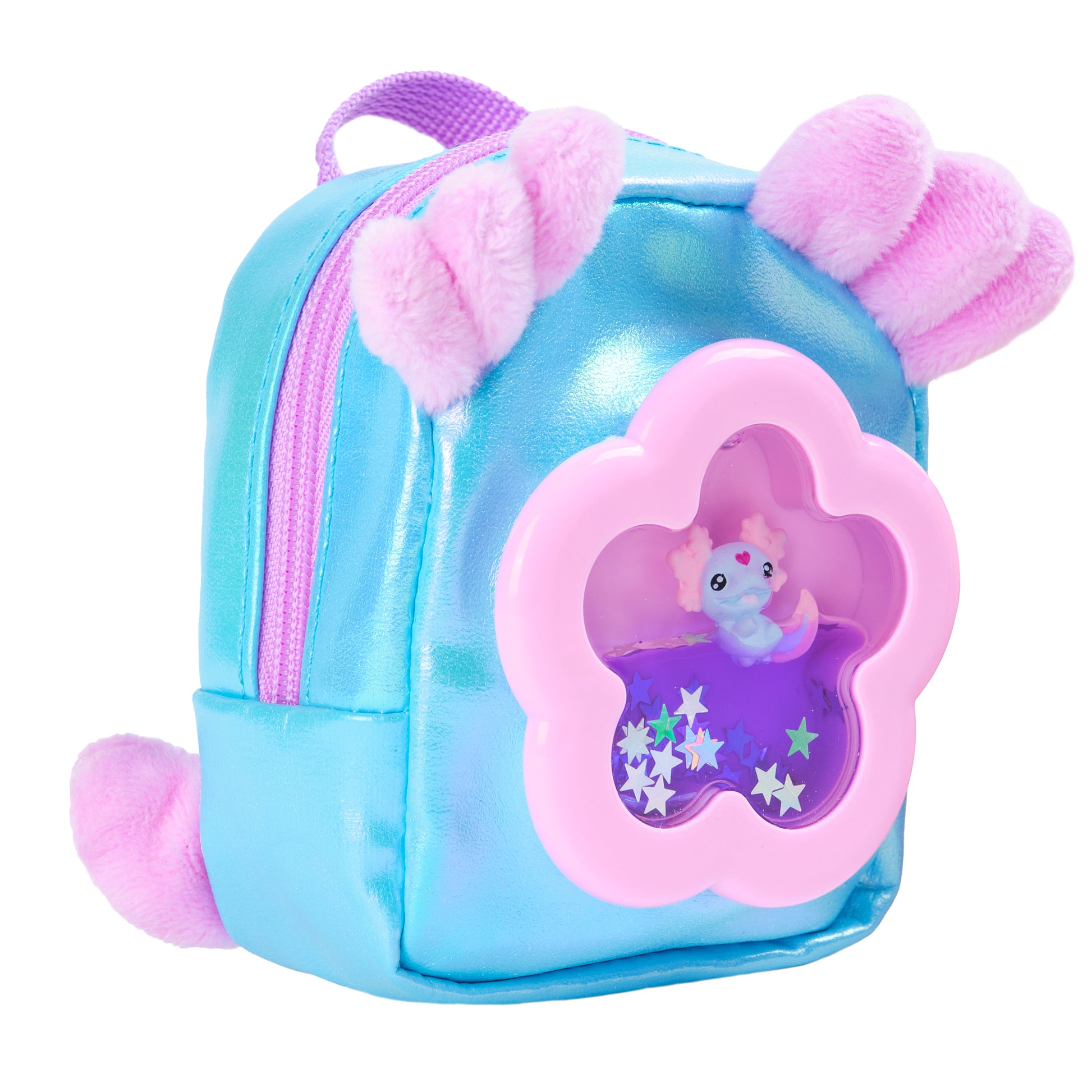 Small blue backpack with pink accents and a cartoon character on a white background