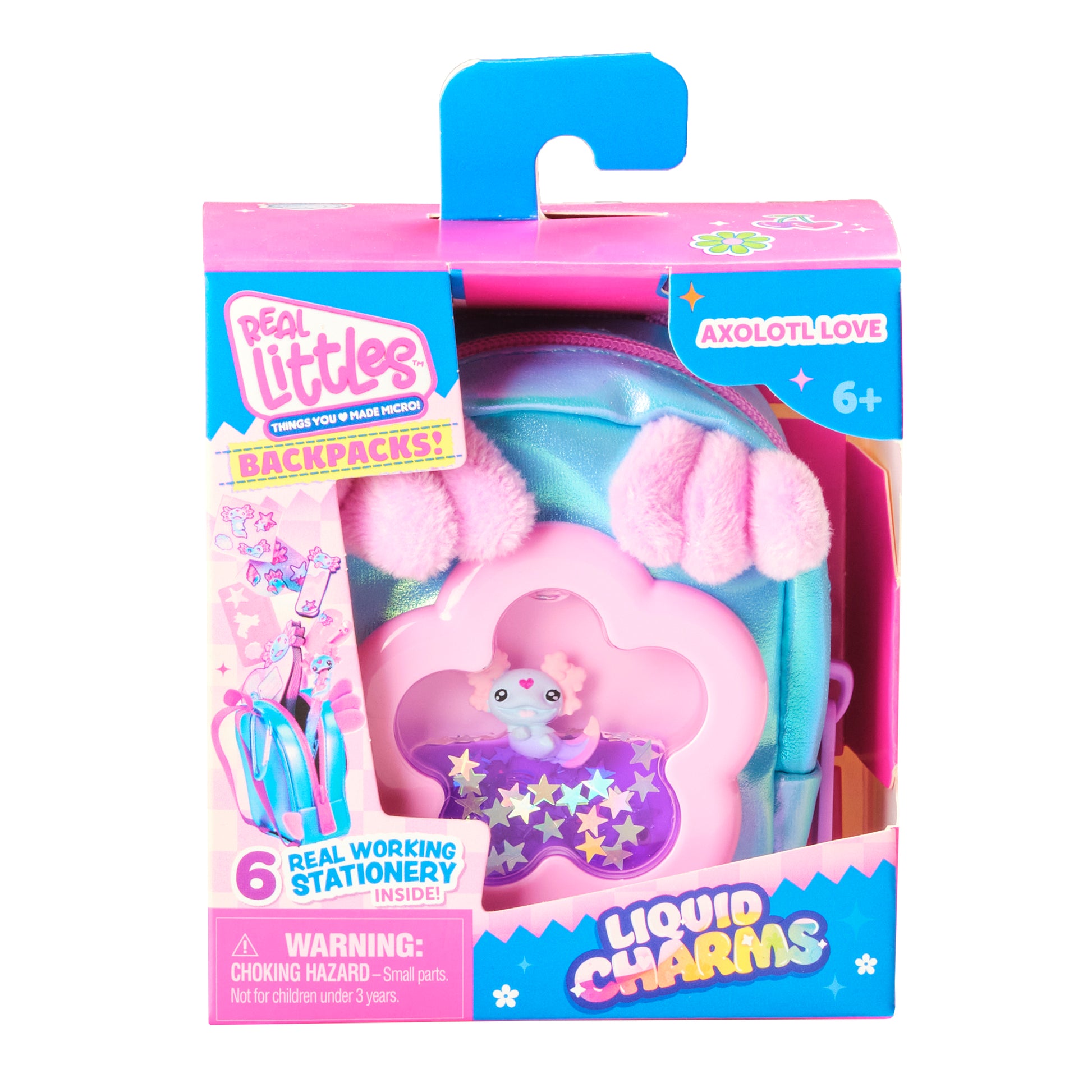 Packaged toy backpack with axolotl design and 'Real Littles' branding on a white background.