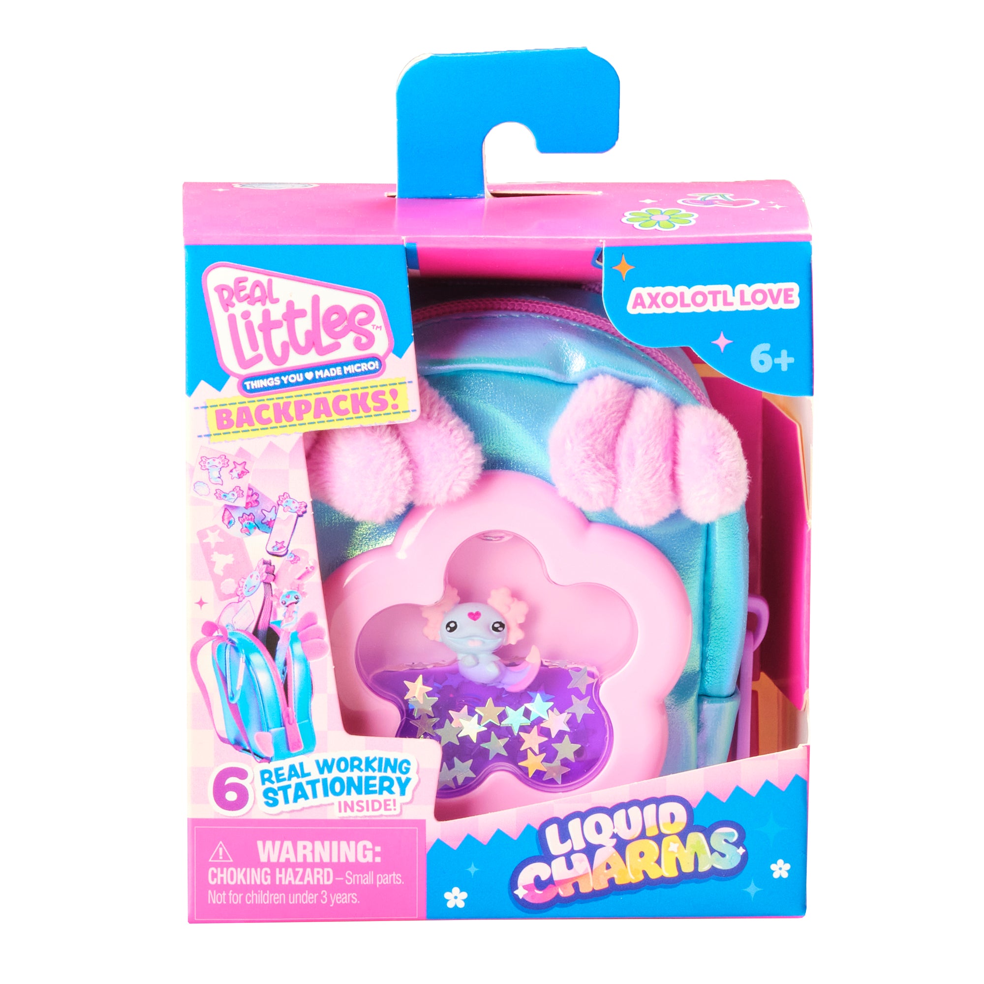 Packaged toy backpack with axolotl design and 'Real Littles' branding on a white background.