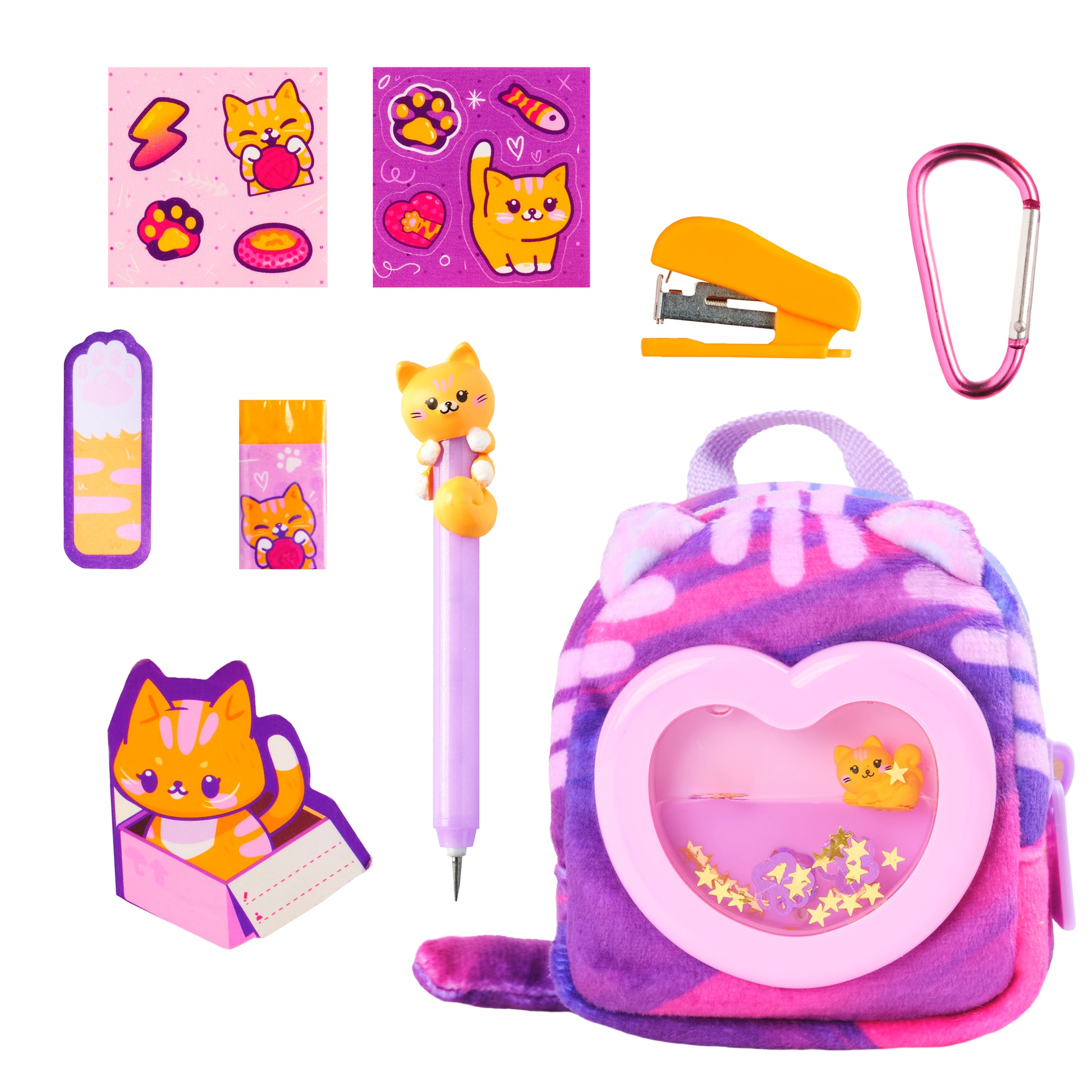 Collection of stationery items including a backpack, pen, and stickers on a white background