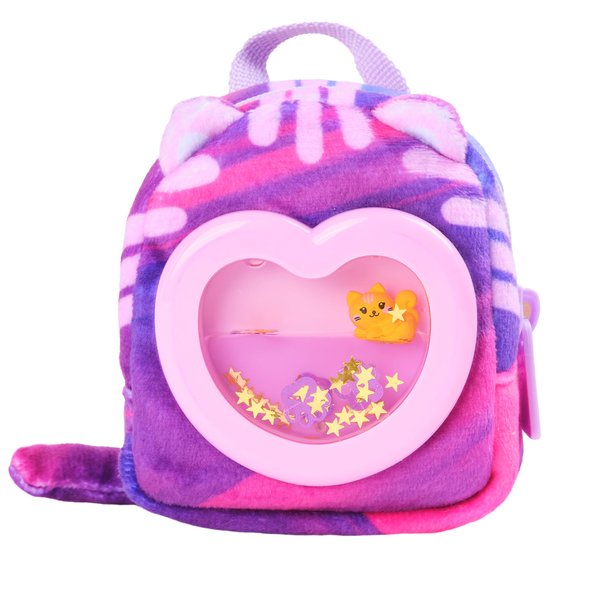 Colorful children's backpack with a heart-shaped front pocket on a white background