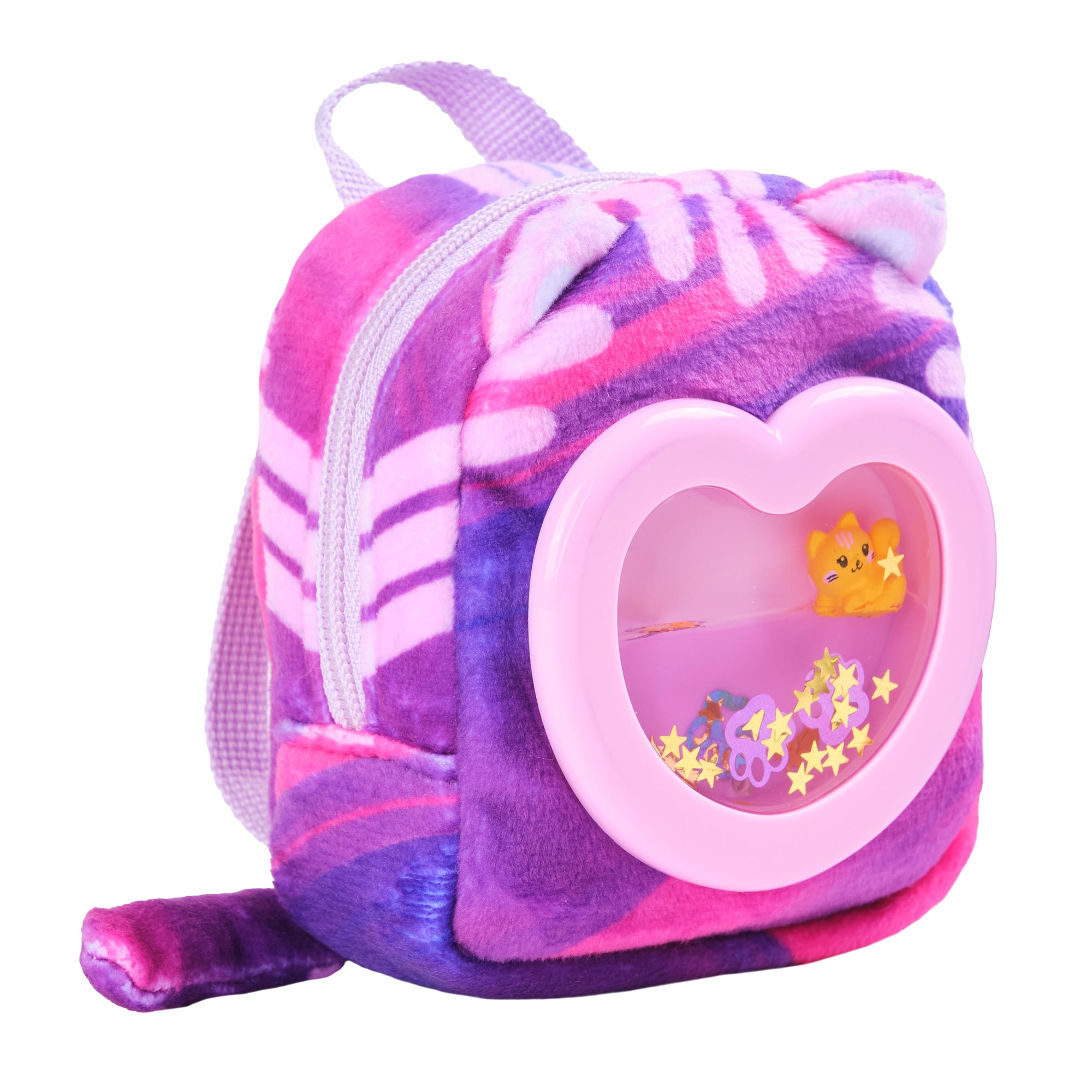 Purple and pink backpack with heart-shaped window on a white background