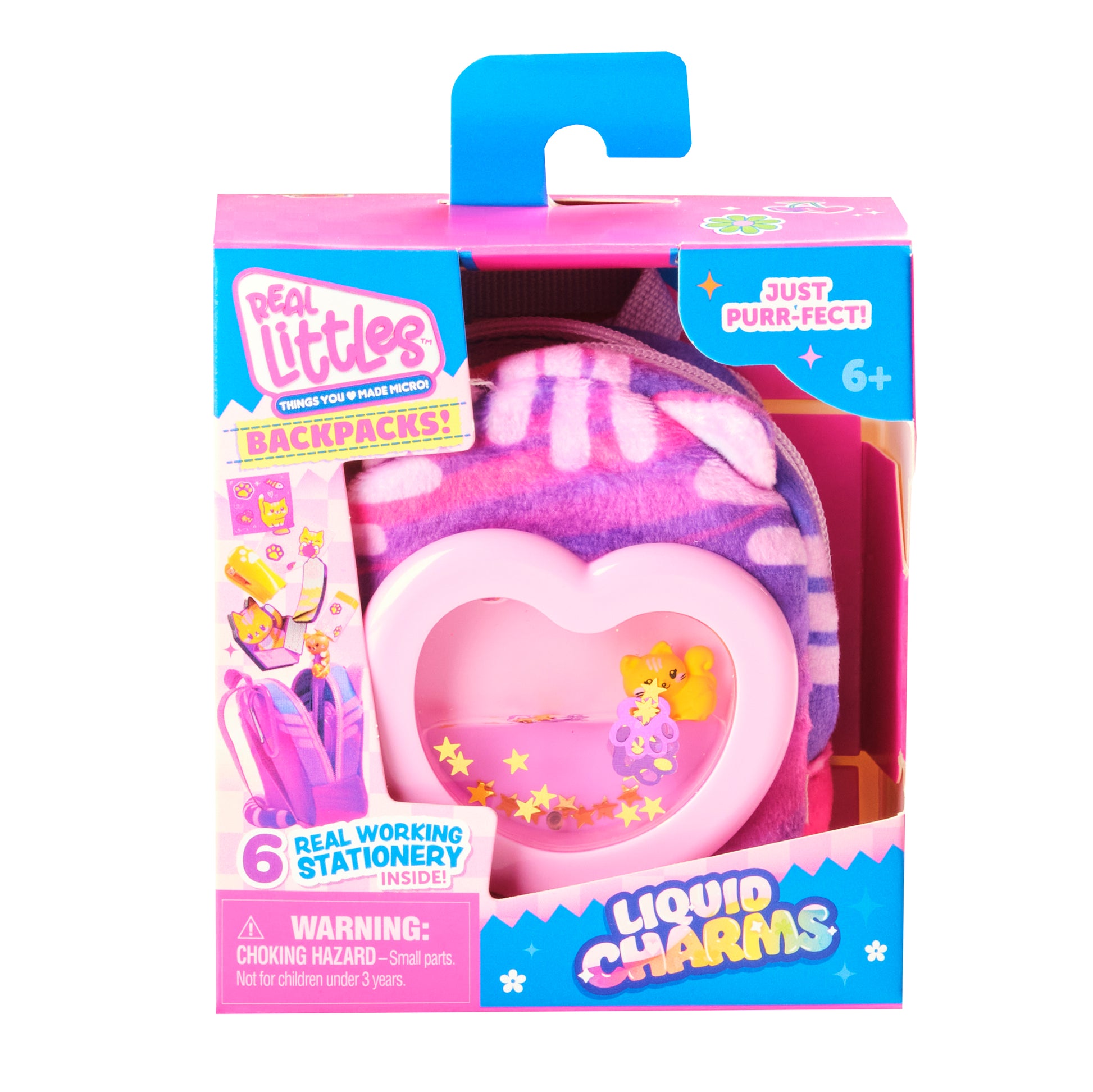 Real Littles Toy backpack with heart design and character on a pink and blue packaging