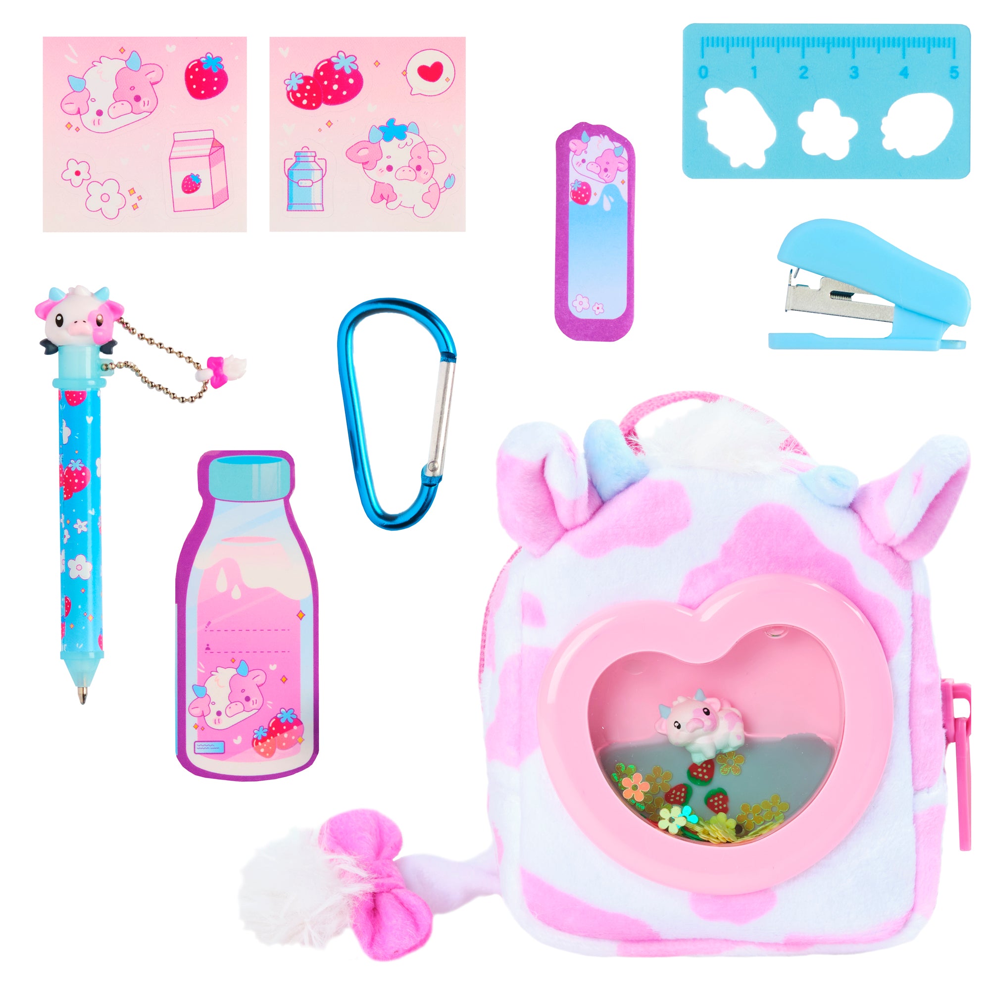 Set of stationery items including a pink backpack with a heart design, pen, bottle, carabiner, and more on a white background.