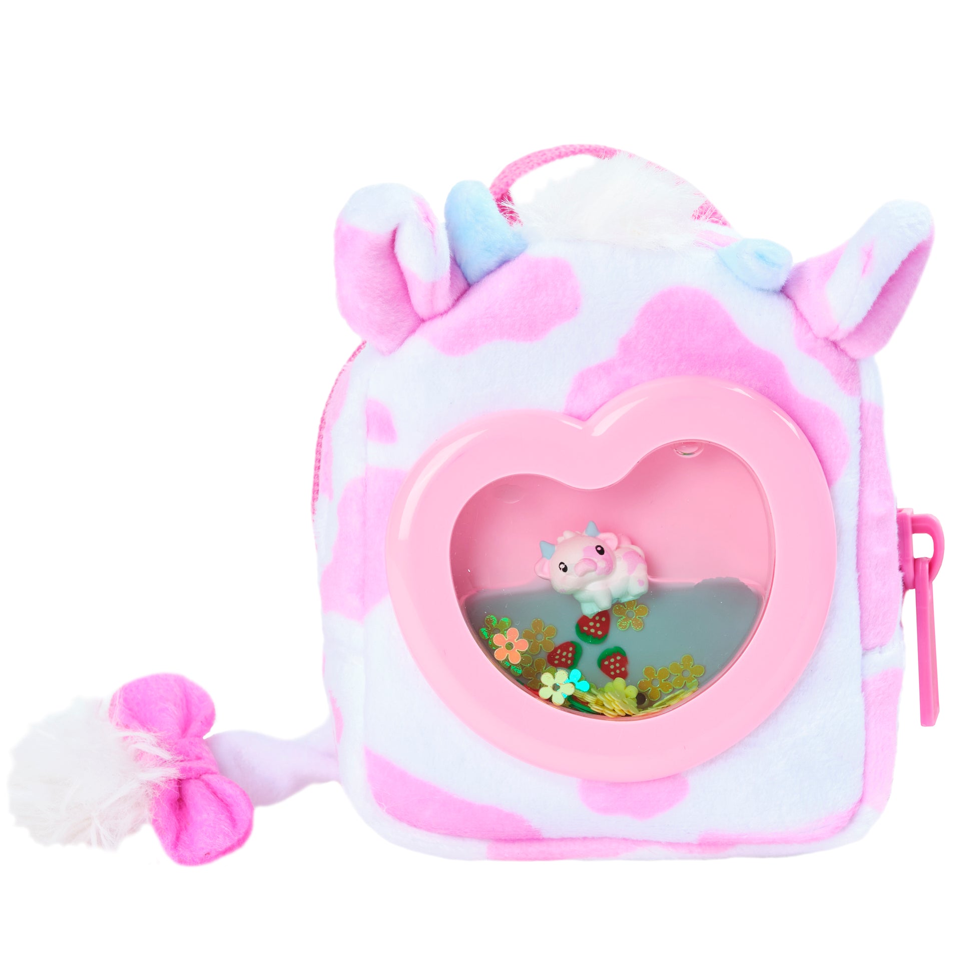 Pink and white unicorn-shaped pouch with a heart-shaped window displaying a small figurine.