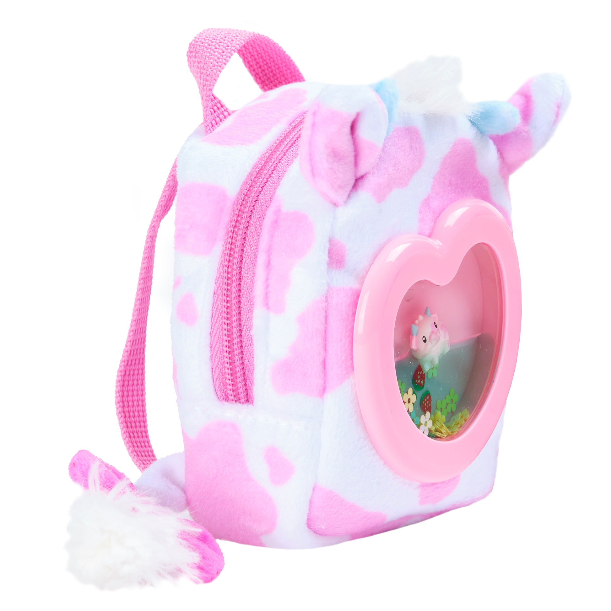 Pink and white backpack with a heart-shaped window on a white background